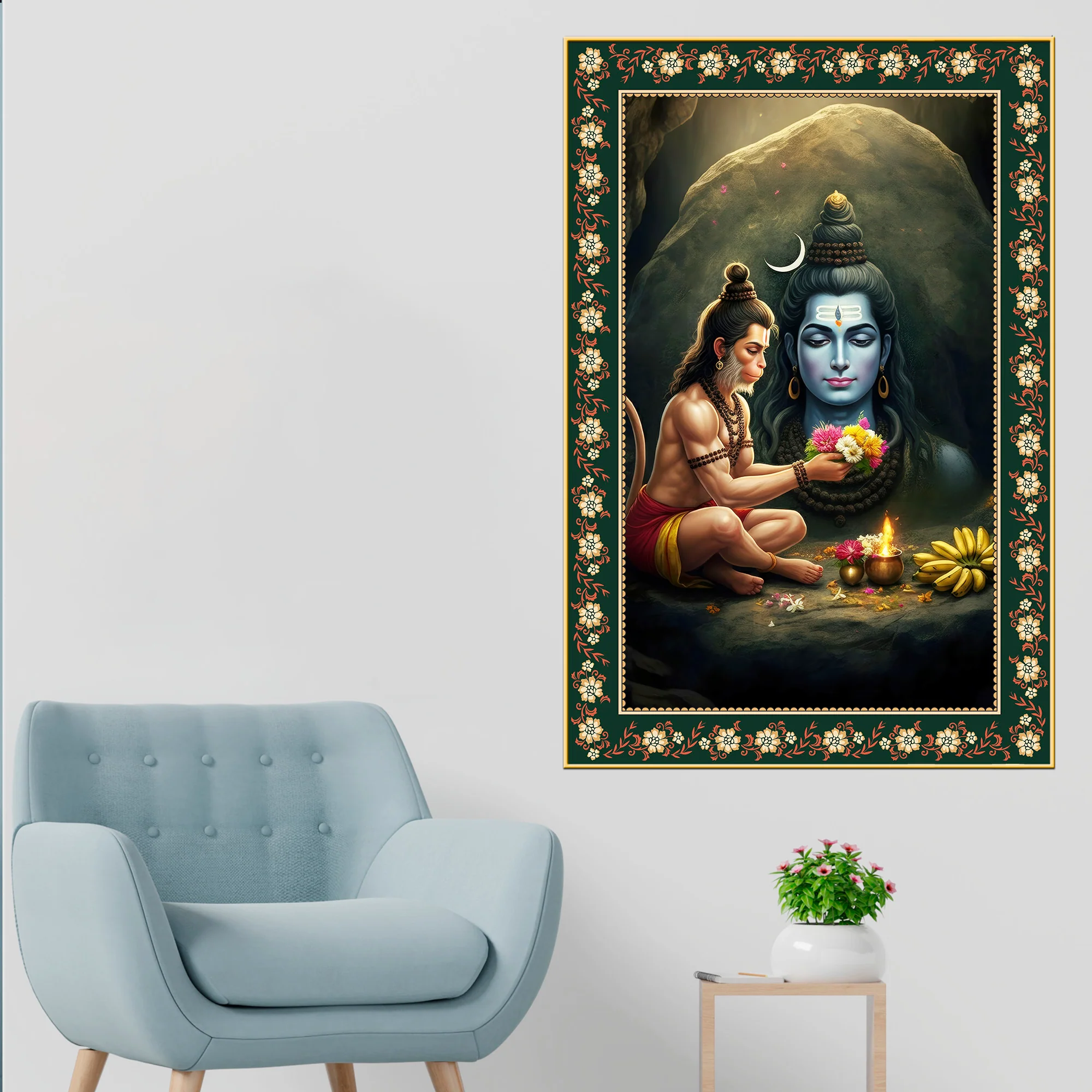 Hanuman Worship Shiva Floral Border Vertical Wall Painting - Image 2