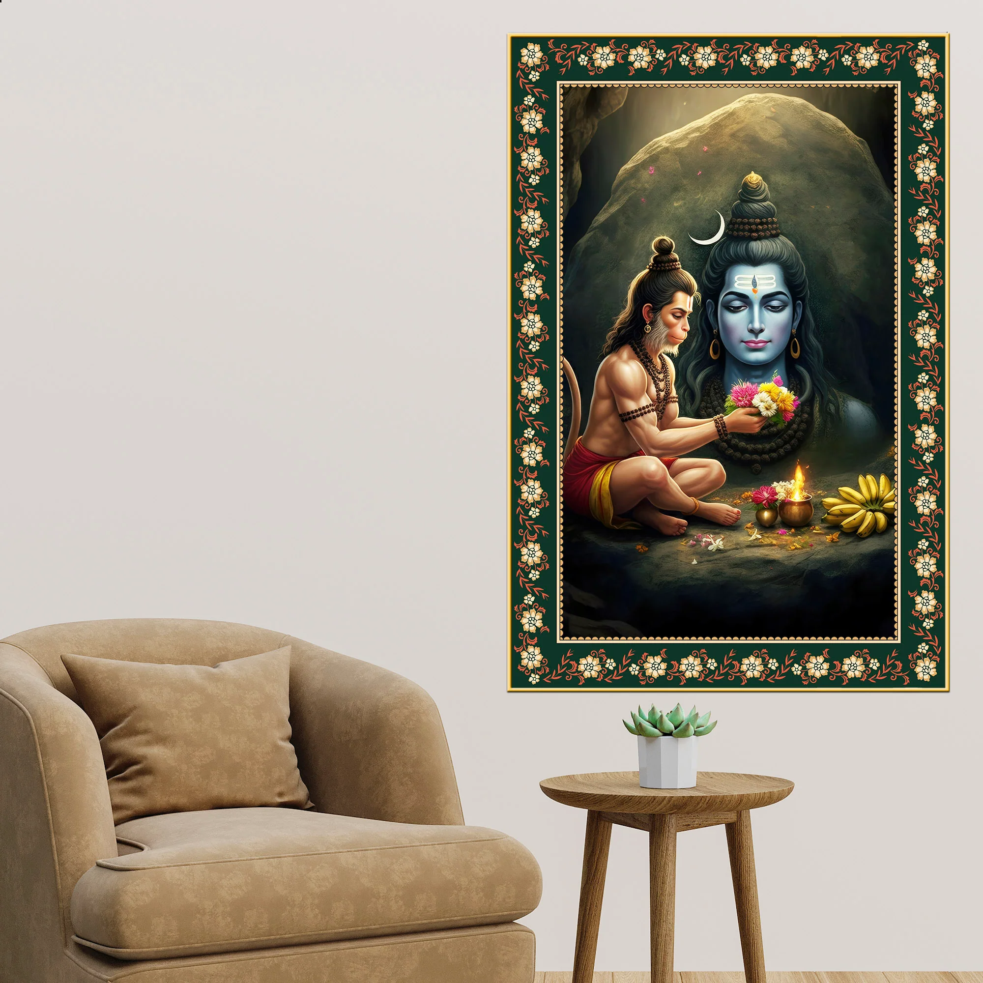 Hanuman Worship Shiva Floral Border Vertical Wall Painting - Image 3
