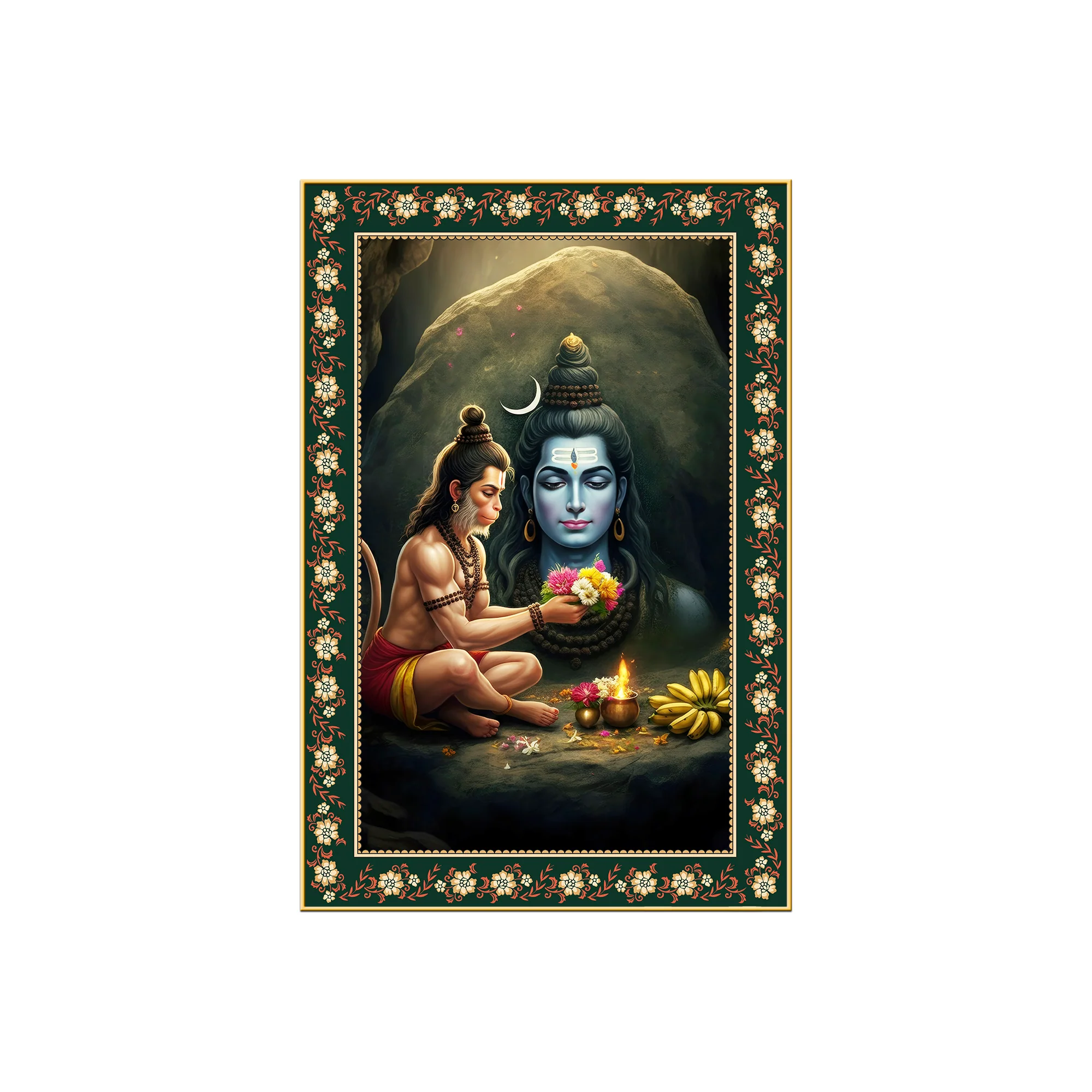 Hanuman Worship Shiva Floral Border Vertical Wall Painting - Image 4
