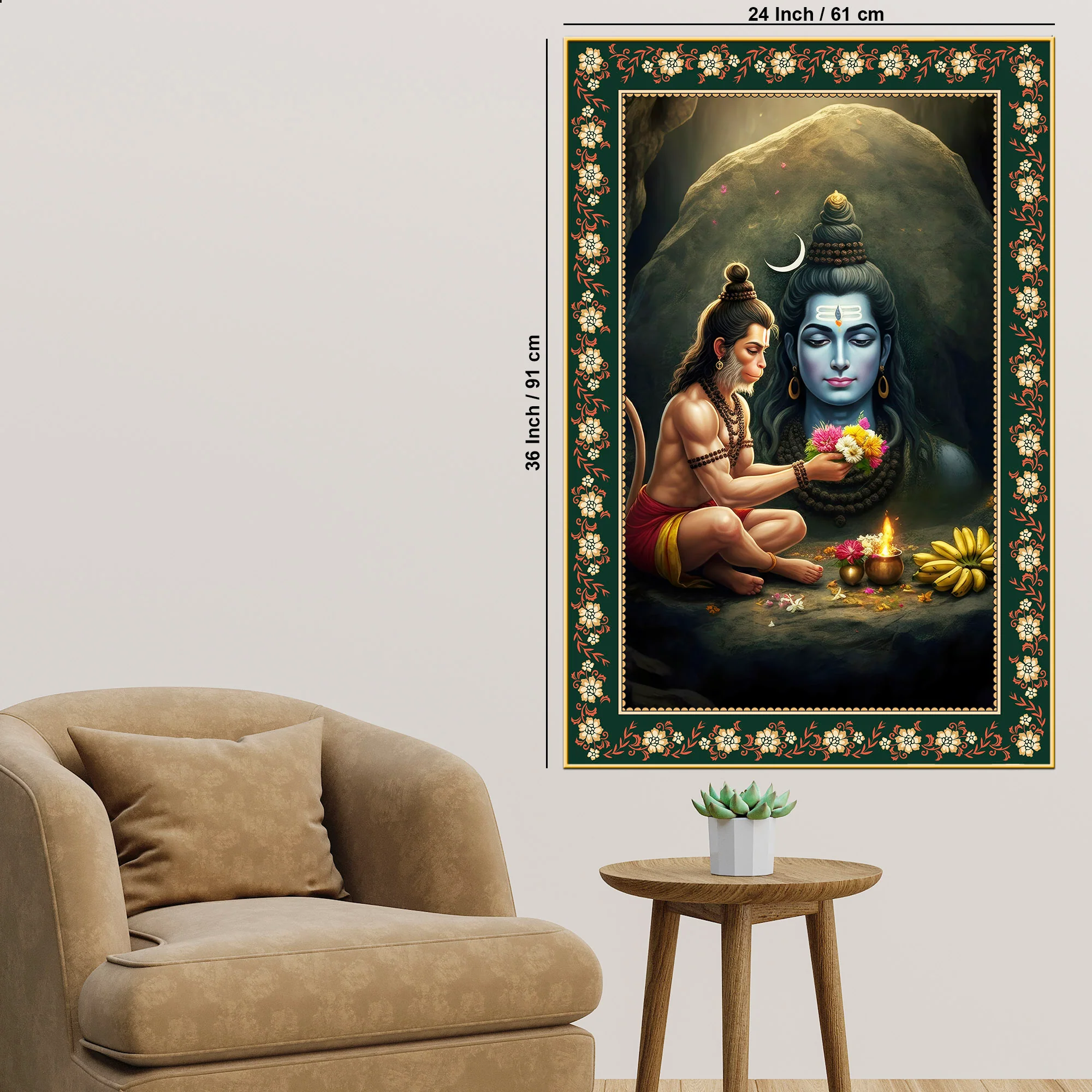 Hanuman Worship Shiva Floral Border Vertical Wall Painting - Image 6