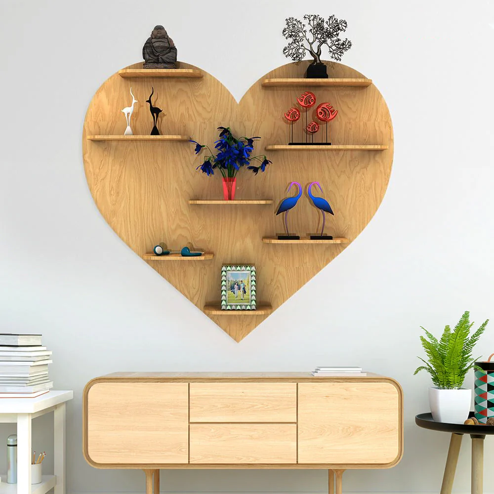 Heart Backlit Designer Wooden Wall Shelf / Book Shelf / Night Light, Light Oak Finish - Image 2