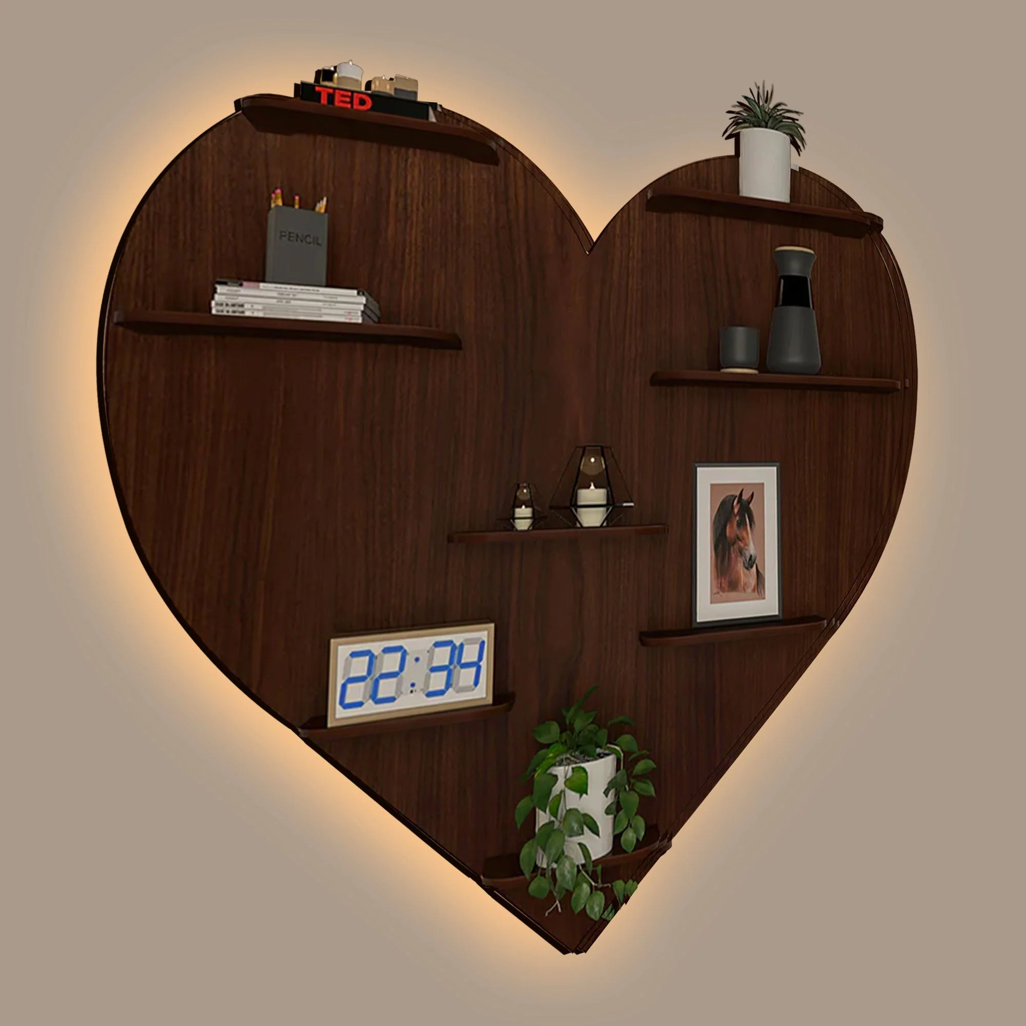 Heart Backlit Designer Wooden Wall Shelf / Book Shelf / Night Light, Walnut Finish - Image 2