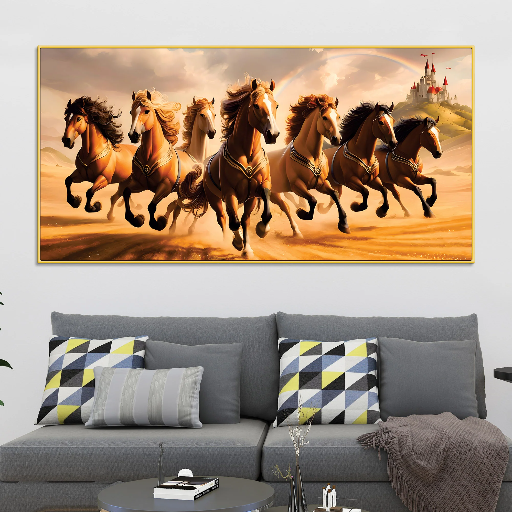 Herd of Seven Horses Running Premium Wall Painting - Image 2