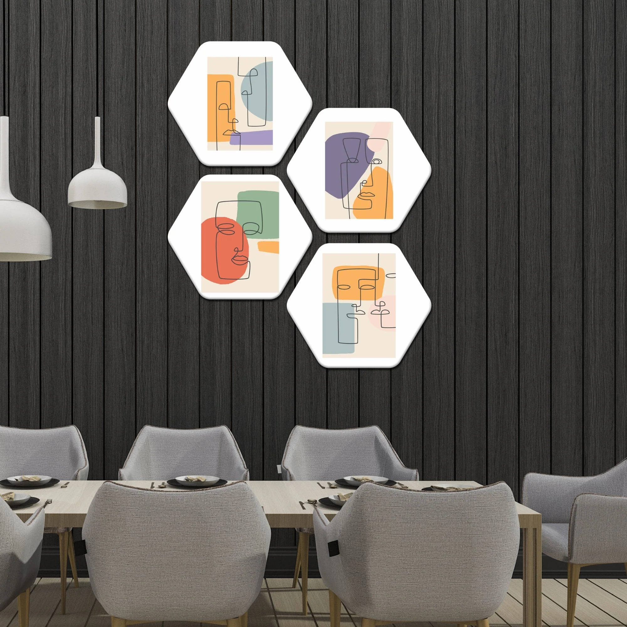 Hexagon 4 Pieces Painting of Line Art - Image 3