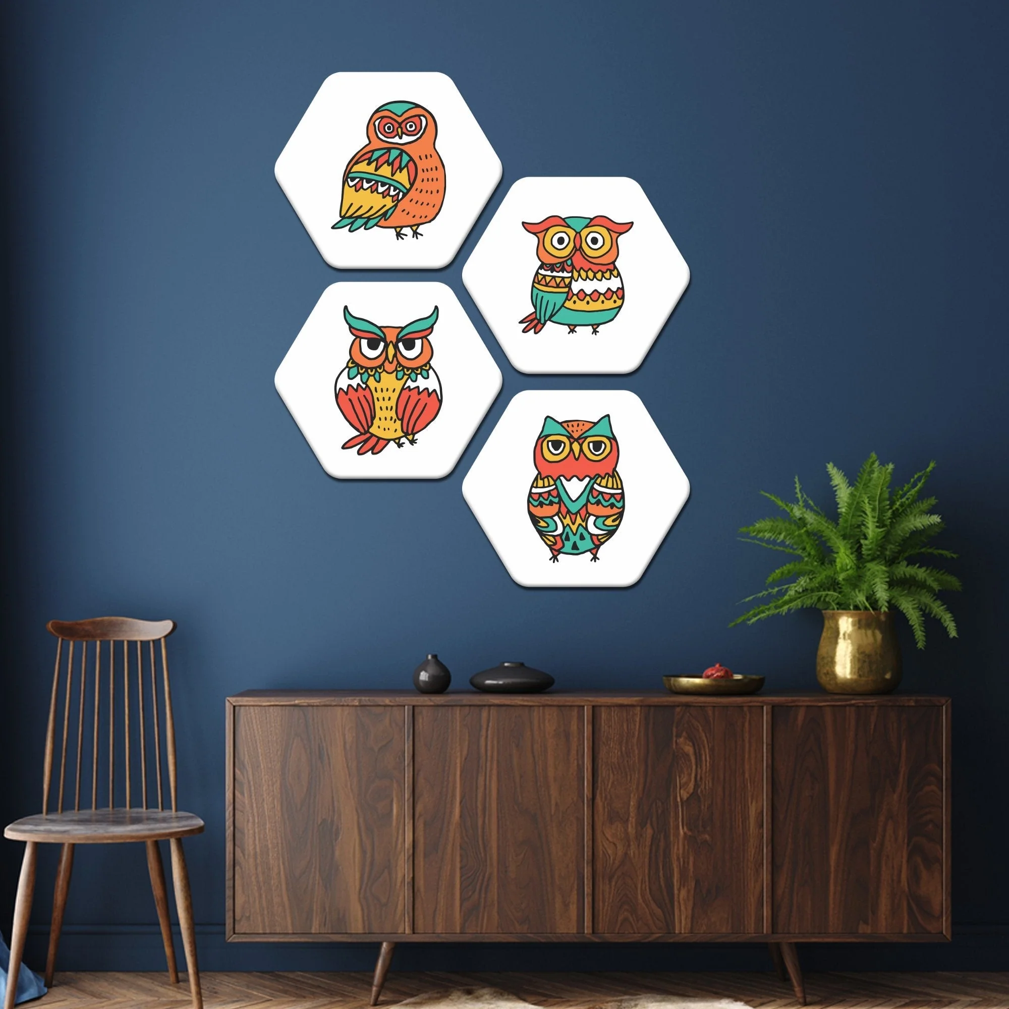 Hexagon 4 Pieces Premium Painting of Owl