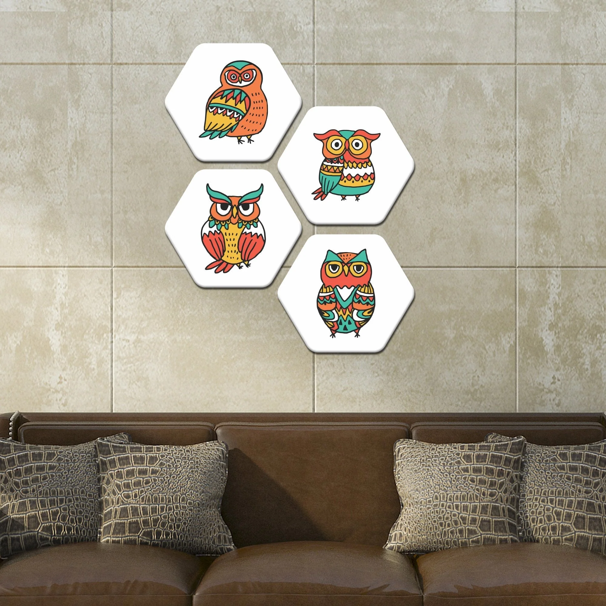 Hexagon 4 Pieces Premium Painting of Owl - Image 2