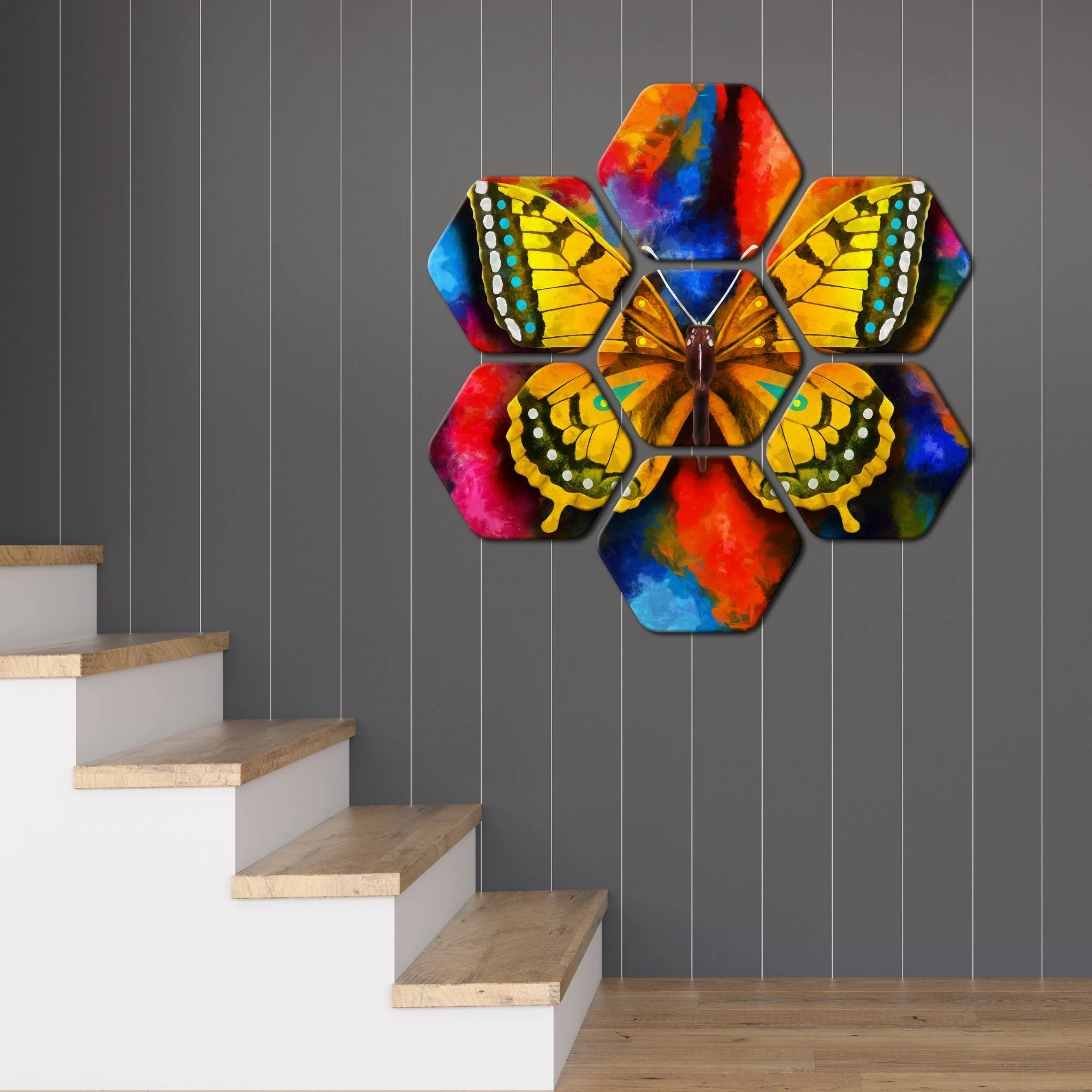 Hexagon Painting Set of 7 Colorful Beautiful Butterfly - Image 2