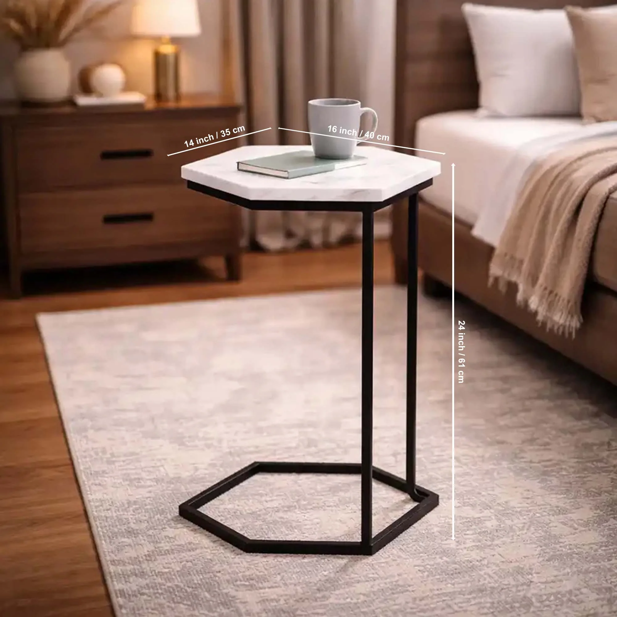 Hexagon Shape Marble Top Black Stand Side Table - Image 7