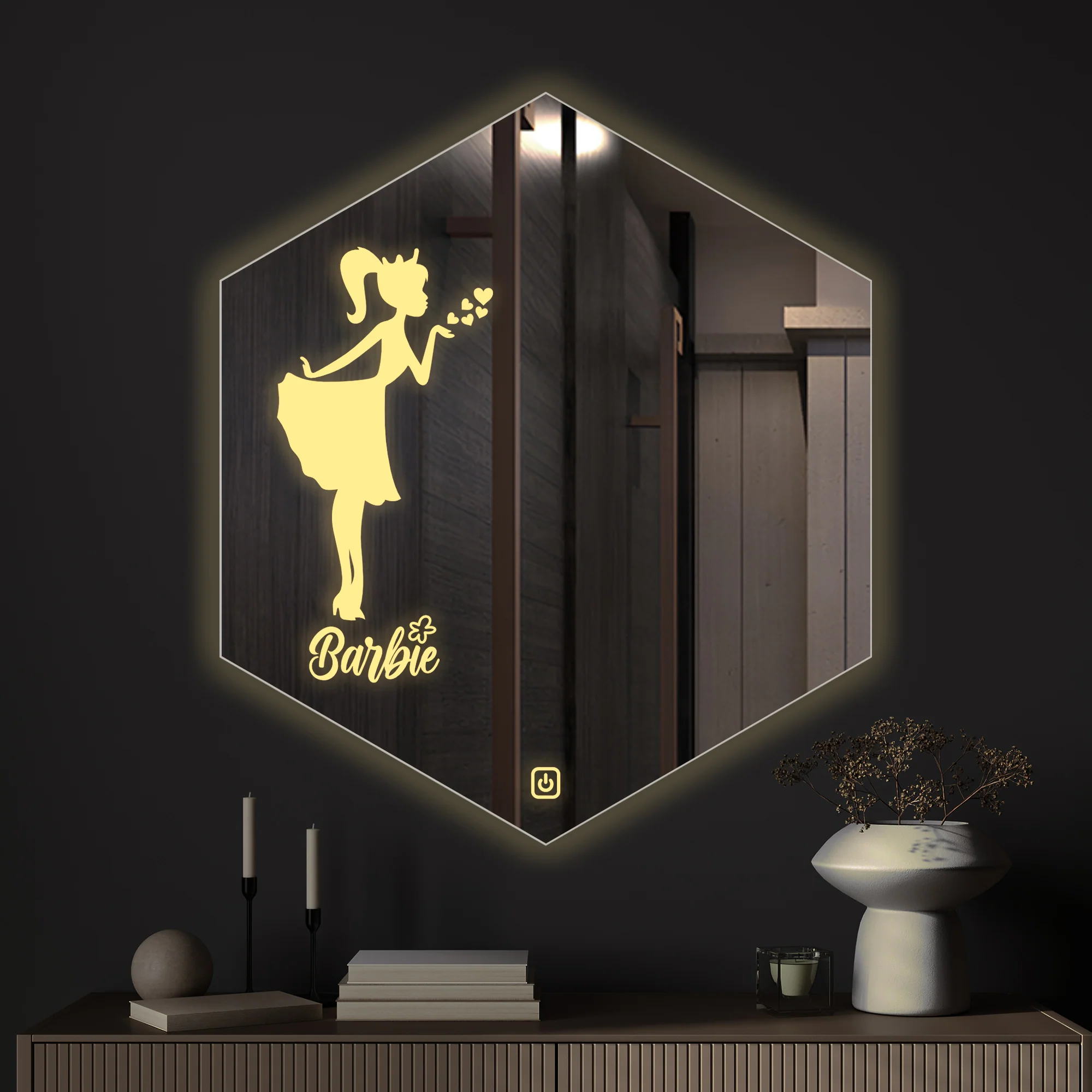 Hexagon Shaped Fairy Barbie Girl Design LED Bathroom Wall Mirror - Image 2