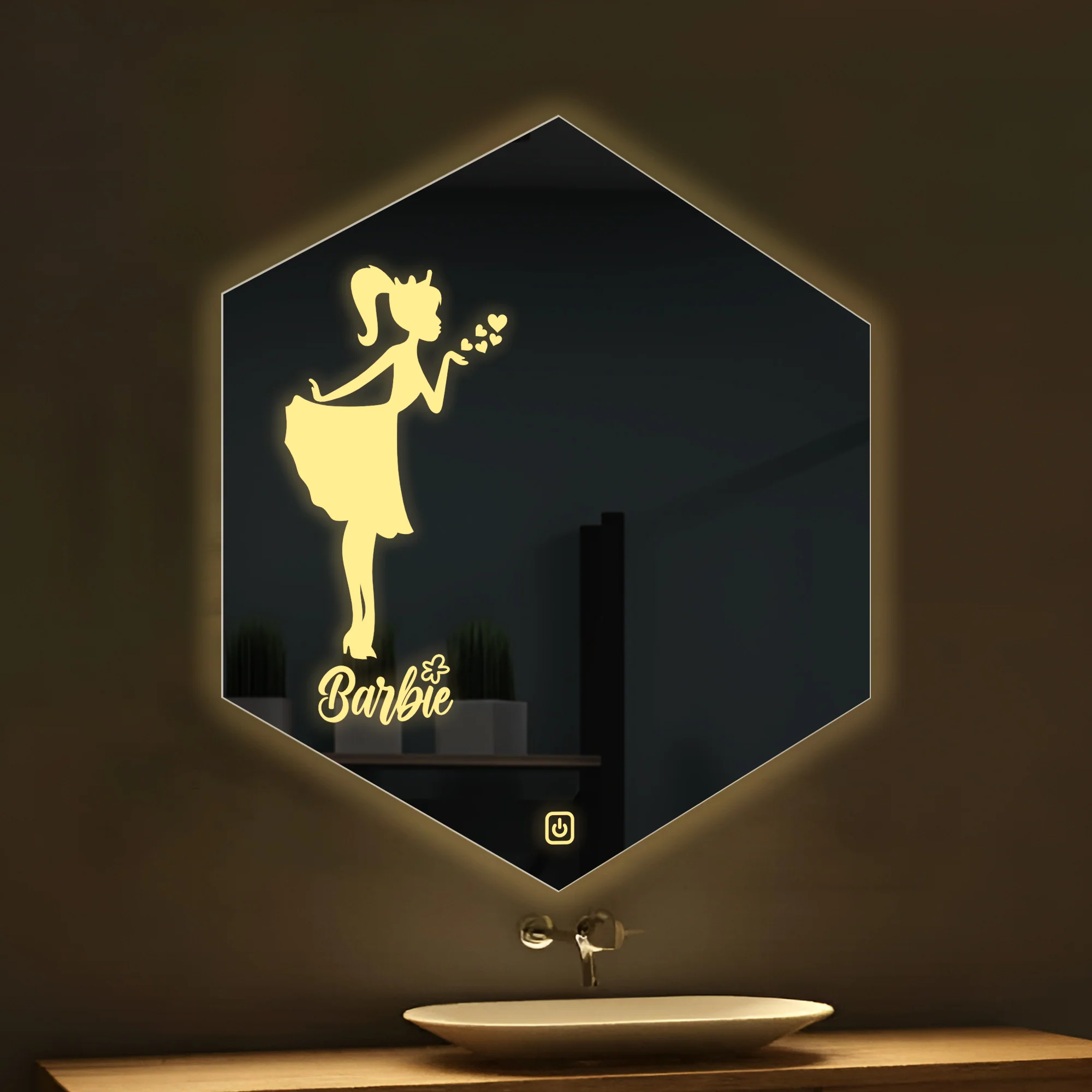 Hexagon Shaped Fairy Barbie Girl Design LED Bathroom Wall Mirror - Image 3