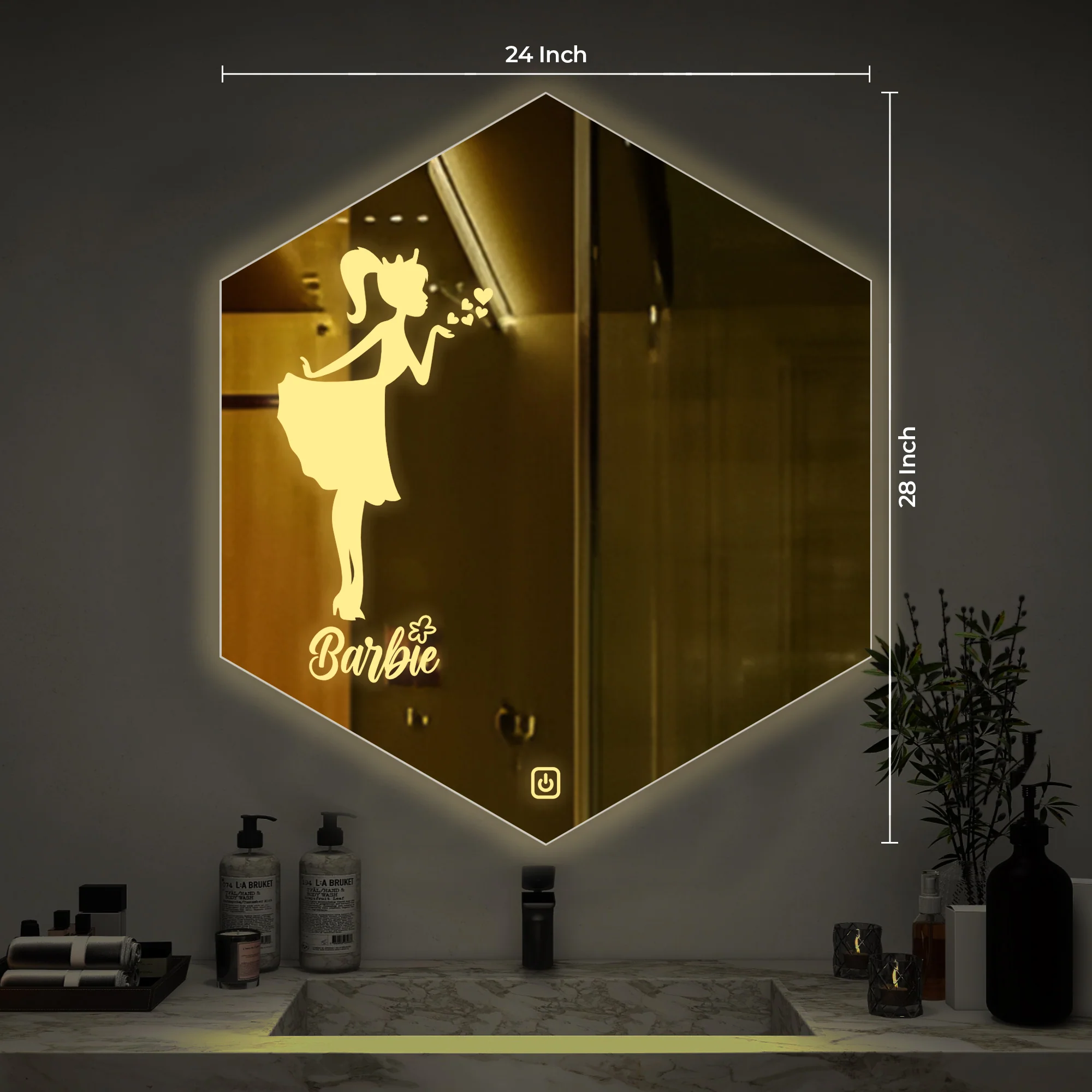 Hexagon Shaped Fairy Barbie Girl Design LED Bathroom Wall Mirror - Image 4