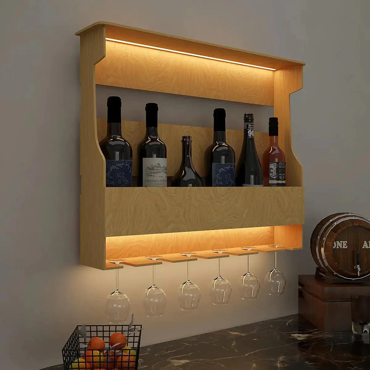 High Quality Backlit Design Bar Wall Shelf / Mini Bar Shelf in Light Oak Finish - Image 3