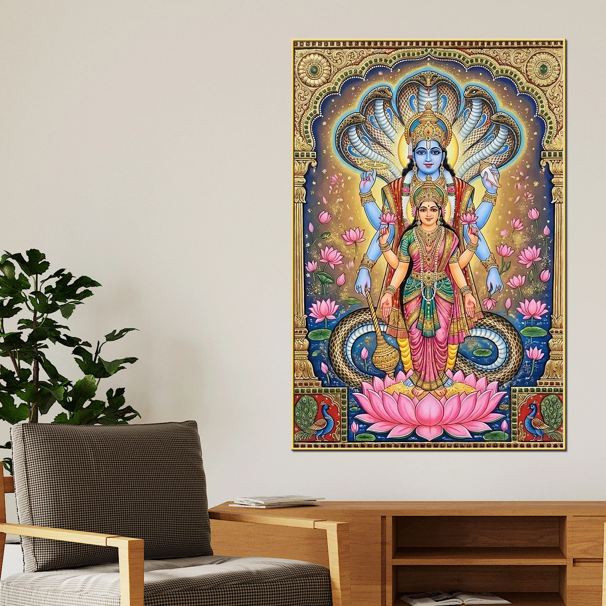 Hindu Devotional Lakshmi Vishnu Canvas Painting for Religious Decor - Image 2