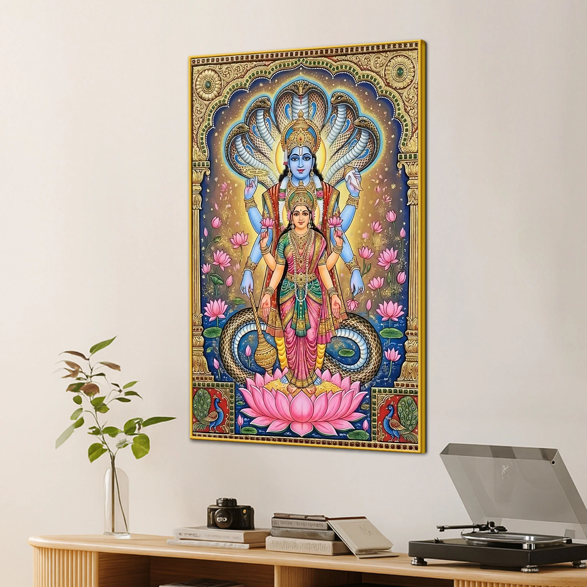 Hindu Devotional Lakshmi Vishnu Canvas Painting for Religious Decor - Image 3