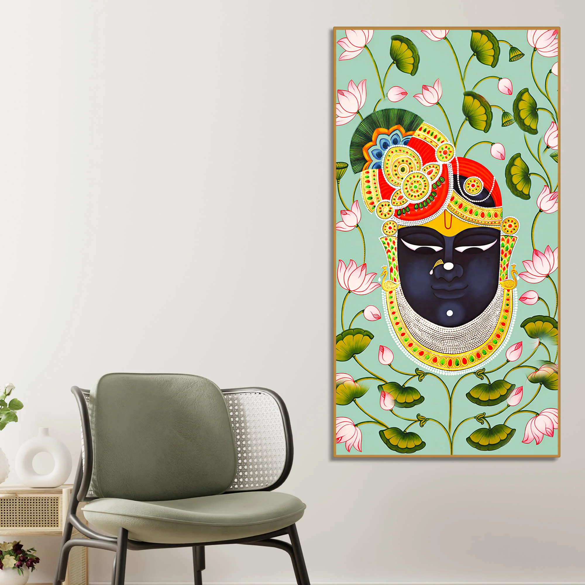 Hindu God Shrinath Ji Face Canvas Painting | Lotus Pattern Spiritual Decor - Image 2