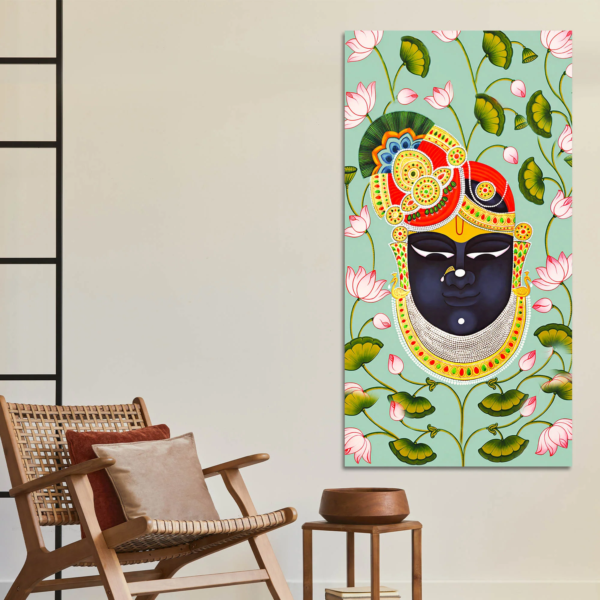 Hindu God Shrinath Ji Face Canvas Painting | Lotus Pattern Spiritual Decor - Image 3