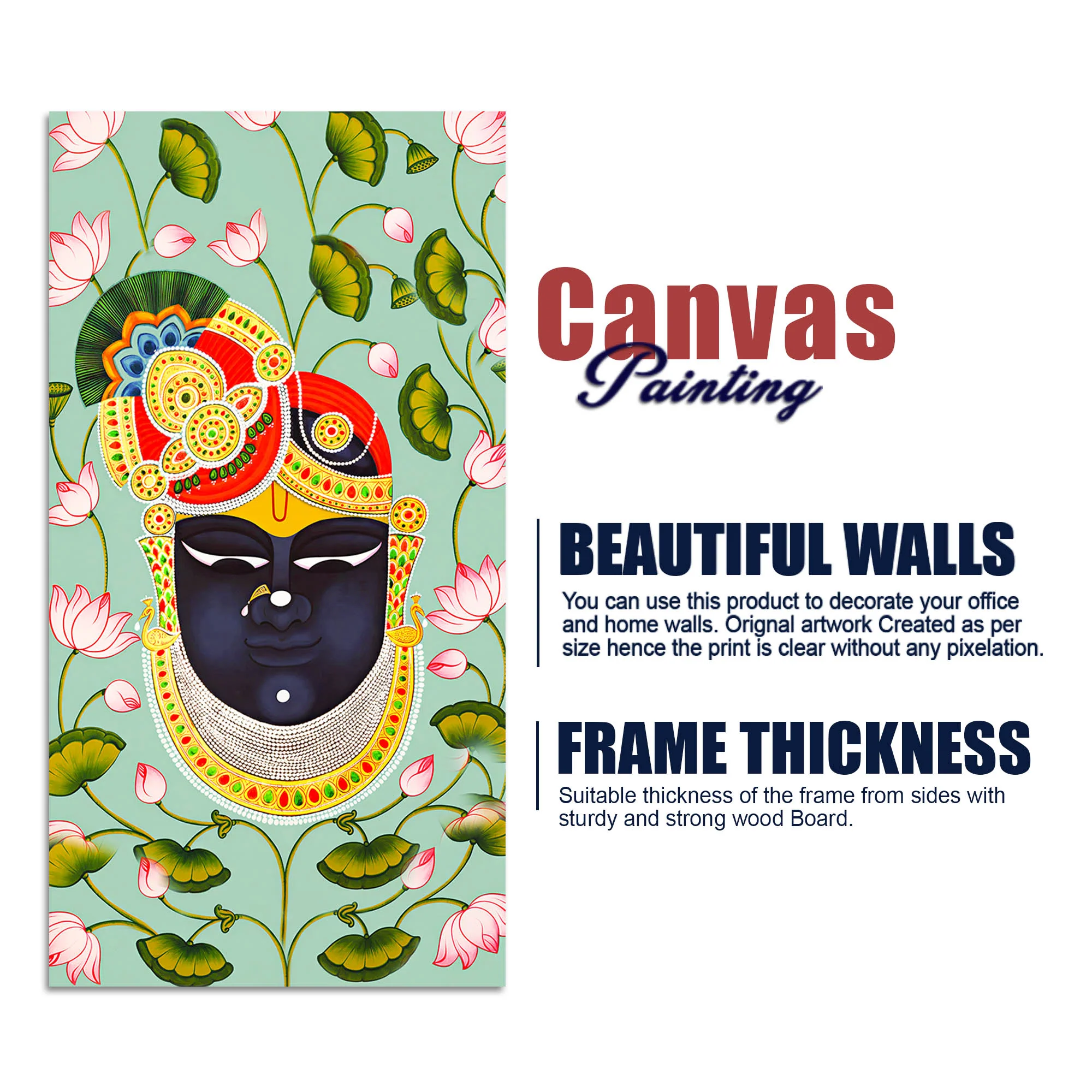 Hindu God Shrinath Ji Face Canvas Painting | Lotus Pattern Spiritual Decor - Image 7