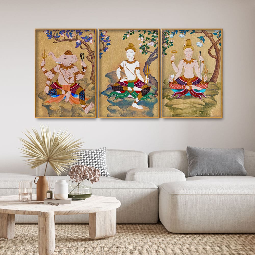 Hindu God Thai Style Art Canvas Floating Canvas Wall Painting Set of Three - Image 2