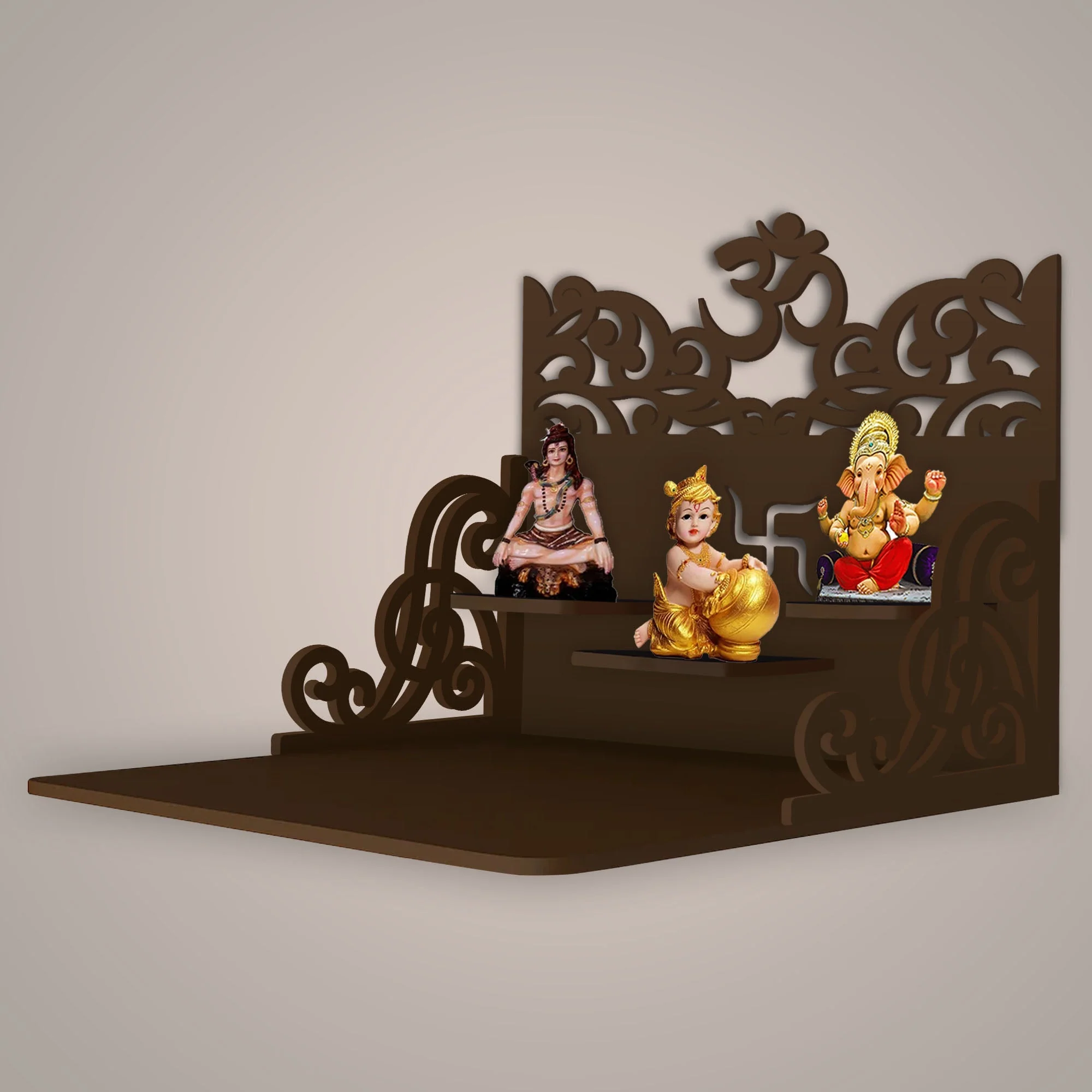 Hindu Holy Symbol of OM Design Art Wall Hanging Wooden Temple/ Pooja Mandir Design with Shelf, Brown Color - Image 2