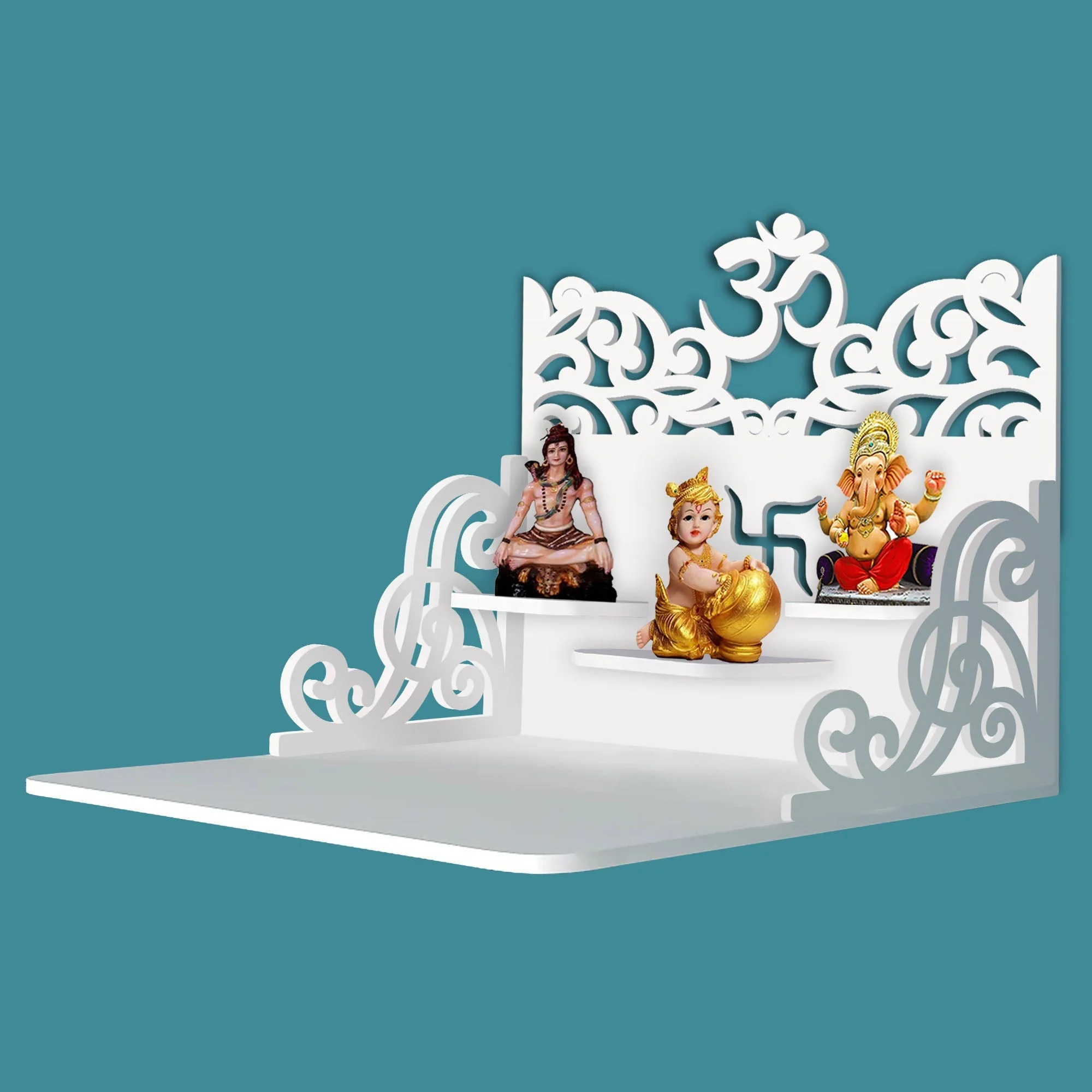 Hindu Holy Symbol of OM Design Art Wall Hanging Wooden Temple/ Pooja Mandir Design with Shelf, White Color - Image 2