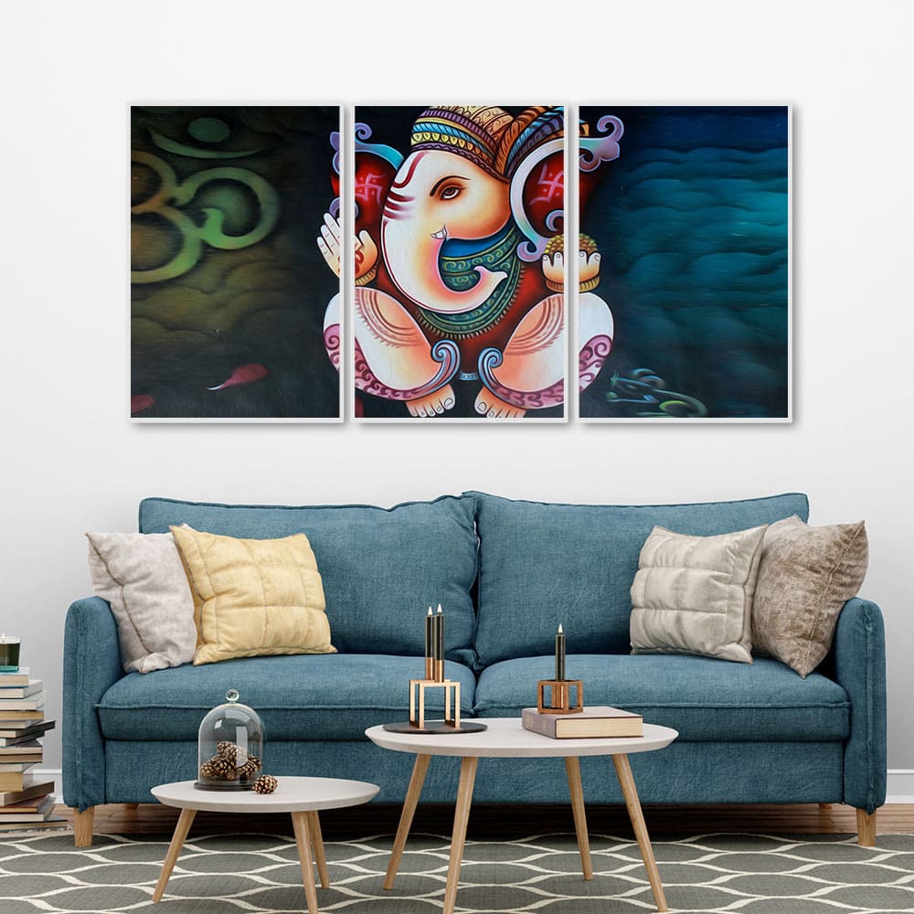 Hindu Lord Ganesha Floating Canvas Wall Painting Set of Three - Image 2