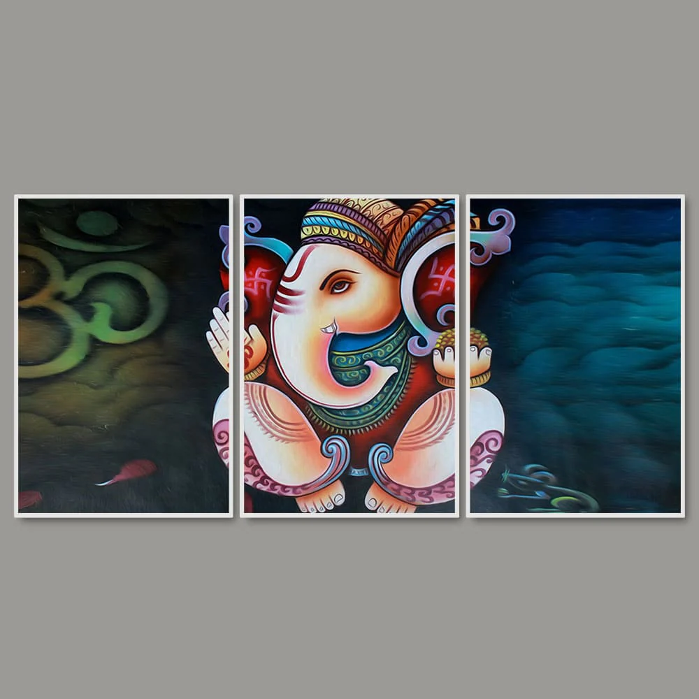 Hindu Lord Ganesha Floating Canvas Wall Painting Set of Three - Image 4