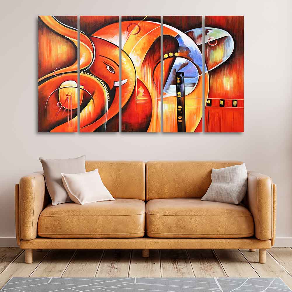 Hindu Lord Ganesha Wall Painting of 5 Pieces - Image 3
