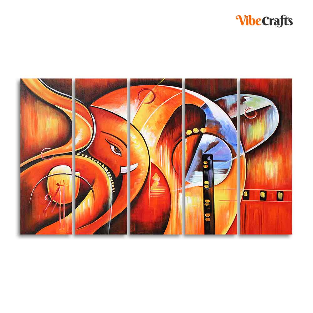 Hindu Lord Ganesha Wall Painting of 5 Pieces - Image 4
