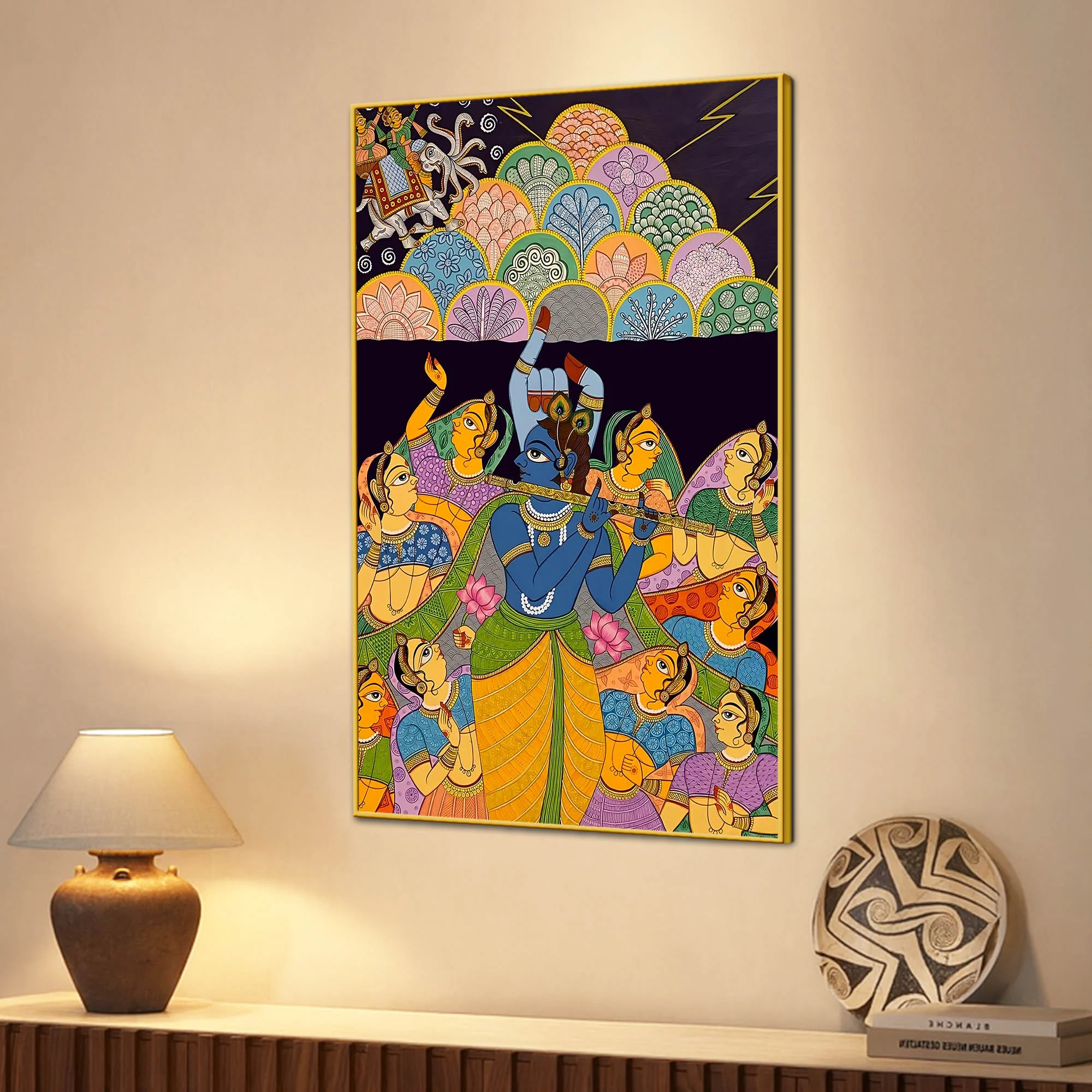 Hindu Lord Krishna Raas Scene Canvas Painting for Living Room Wall - Image 3