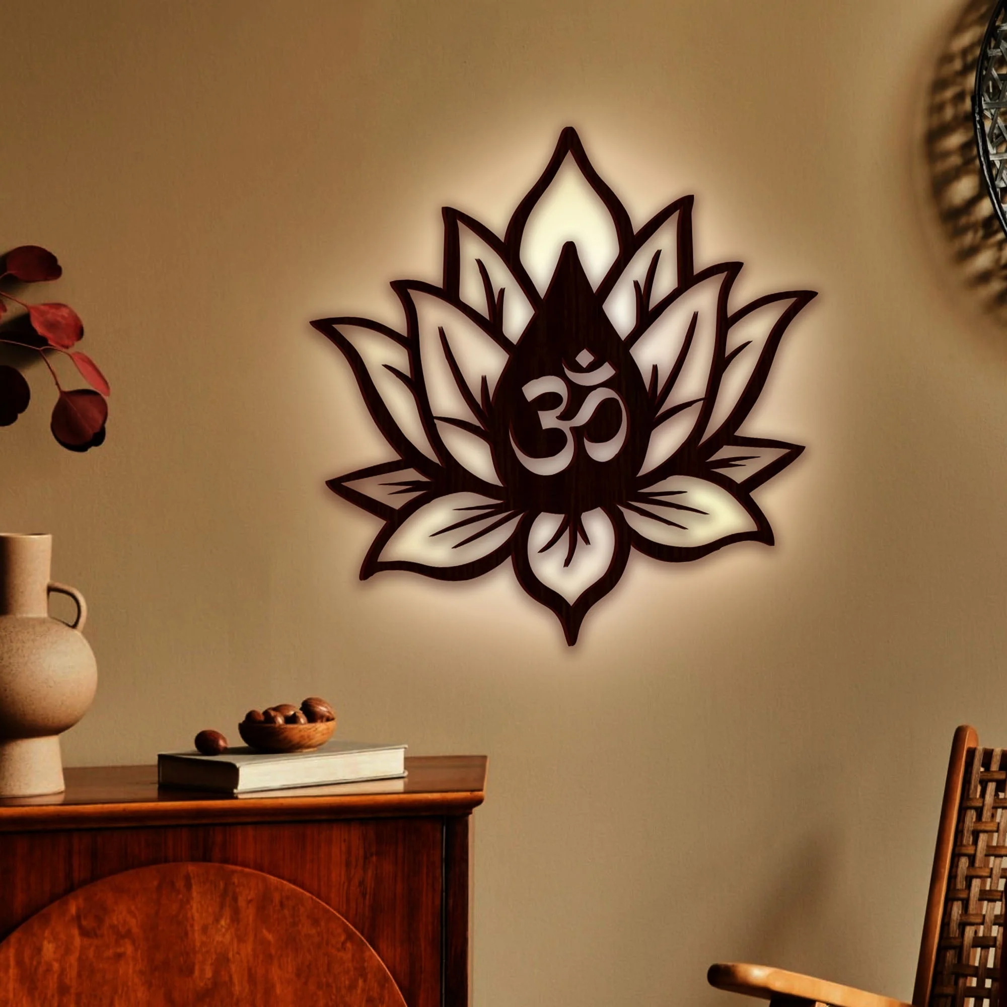 Hindu OM inside Lotus Flower Backlit Wooden Wall Decor with LED Night Light Walnut Finish - Image 2