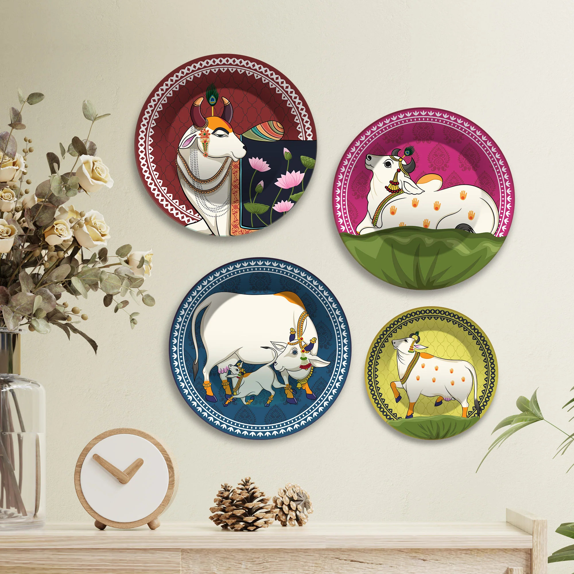 Hindu Sacred Cow Folk Art Premium Wall Plates Painting Set of Four