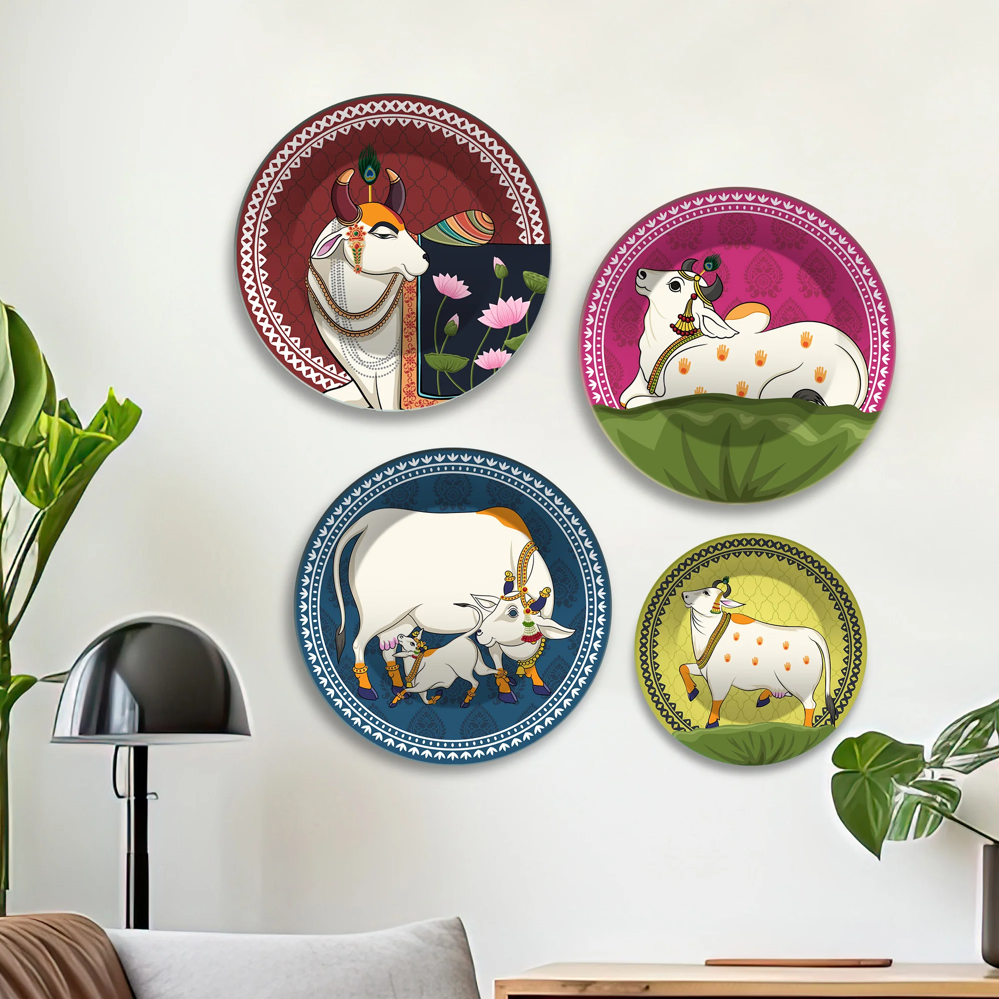 Hindu Sacred Cow Folk Art Premium Wall Plates Painting Set of Four - Image 2