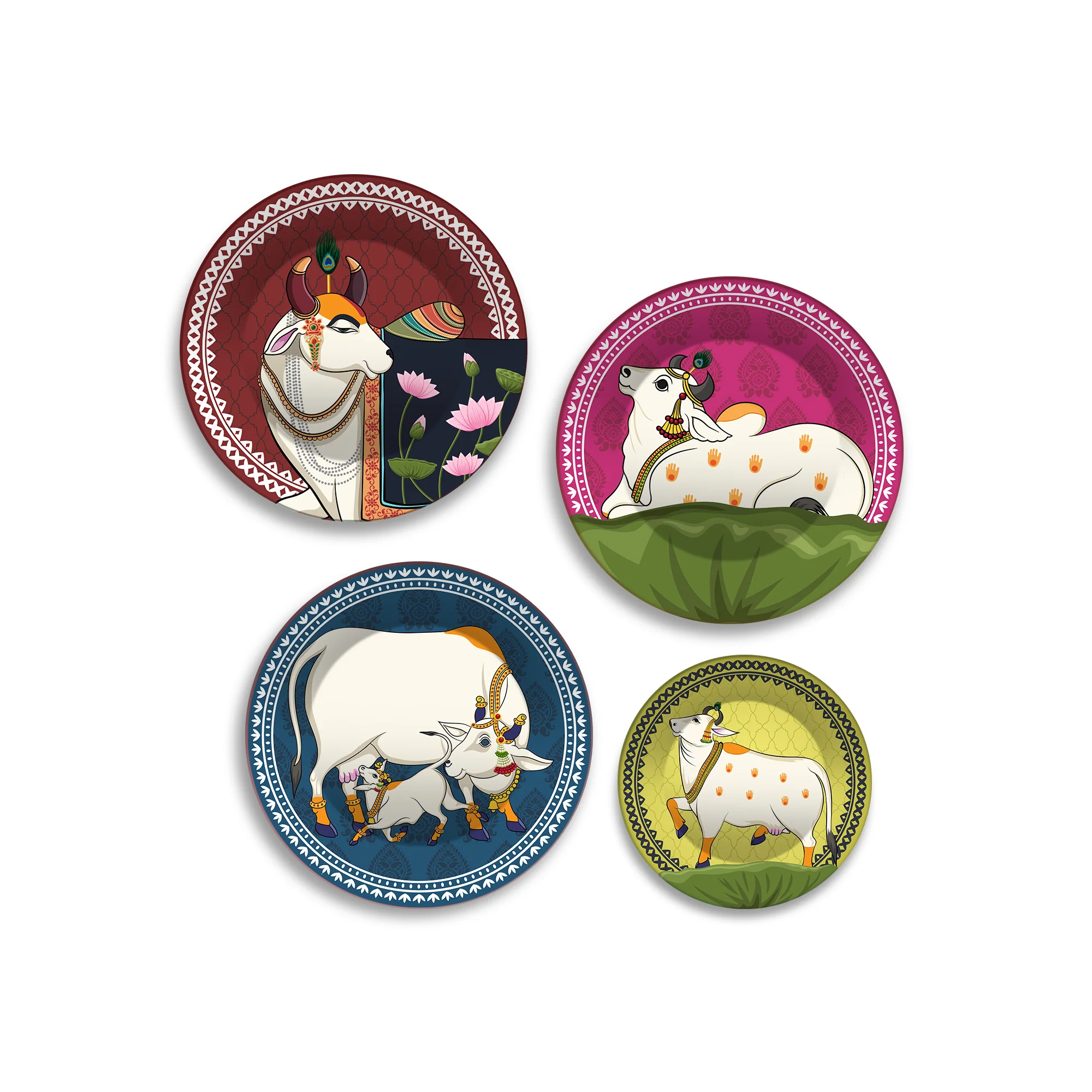 Hindu Sacred Cow Folk Art Premium Wall Plates Painting Set of Four - Image 4