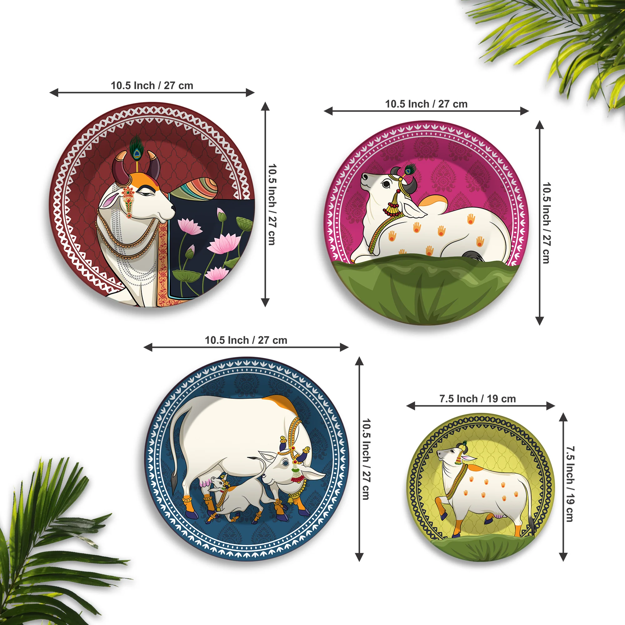 Hindu Sacred Cow Folk Art Premium Wall Plates Painting Set of Four - Image 6