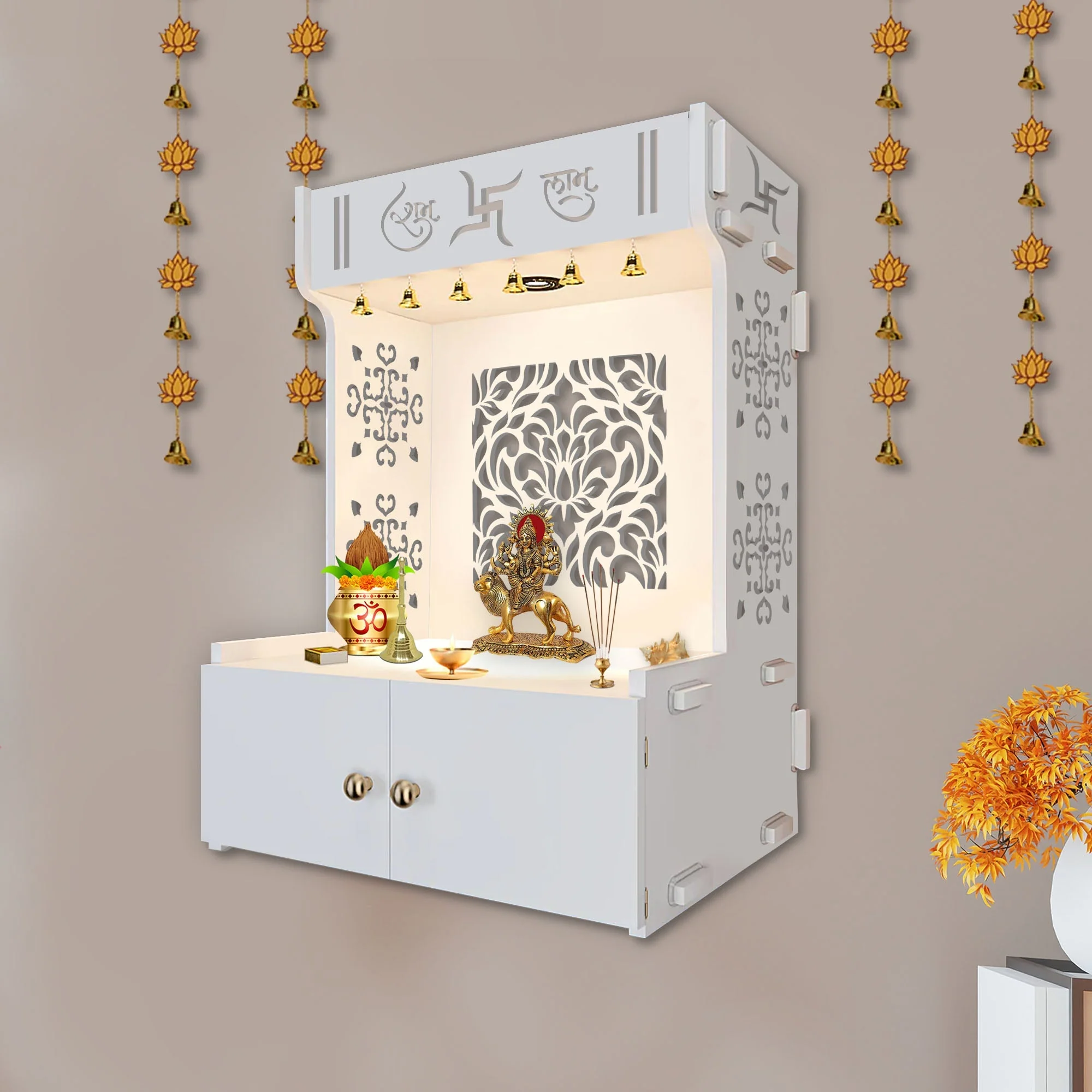 Holy Swastika Symbol of Hindu Religious White Wooden Wall Temple for Home With Inbuilt focus Lights & Spacious Shelf - Image 2