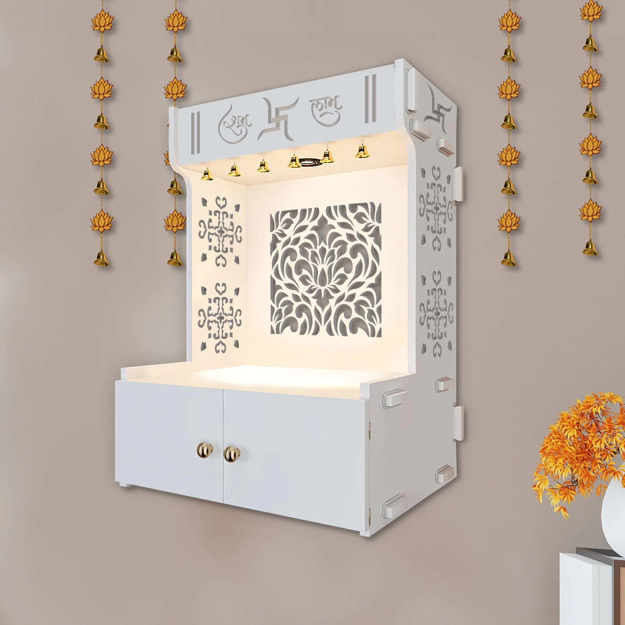 Holy Swastika Symbol of Hindu Religious White Wooden Wall Temple for Home With Inbuilt focus Lights & Spacious Shelf - Image 3