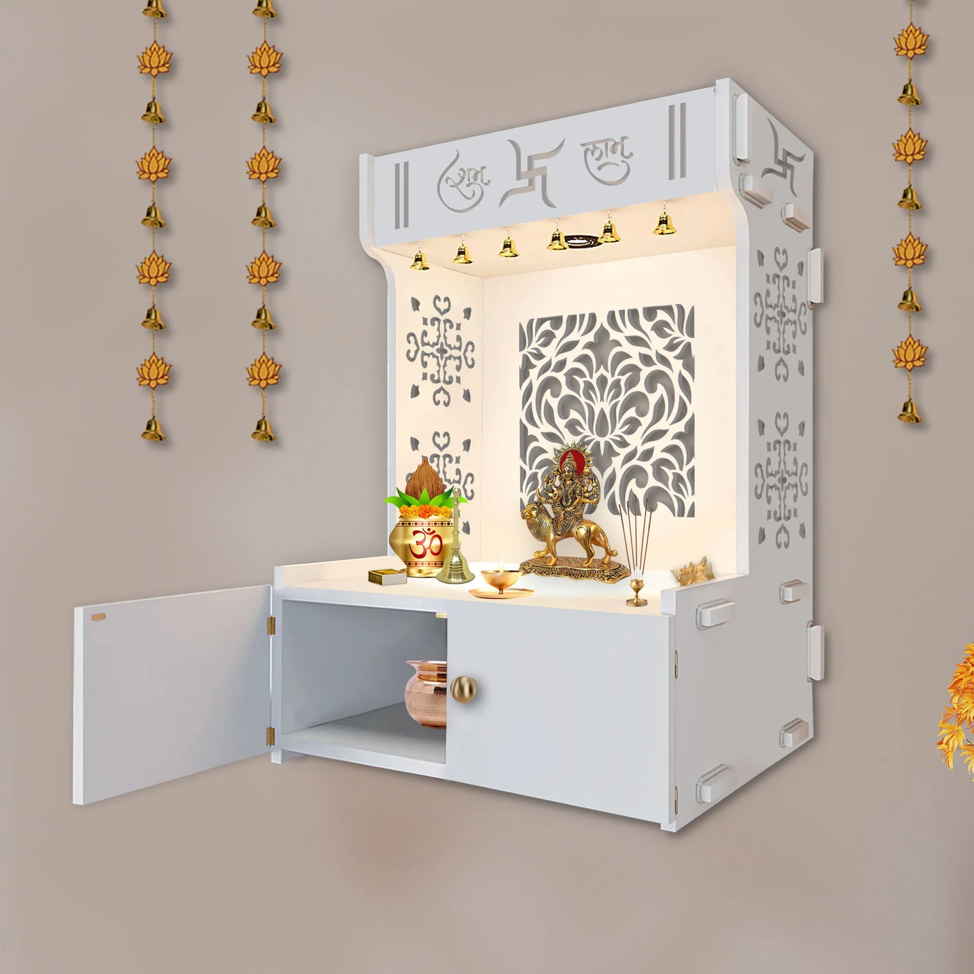 Holy Swastika Symbol of Hindu Religious White Wooden Wall Temple for Home With Inbuilt focus Lights & Spacious Shelf - Image 4