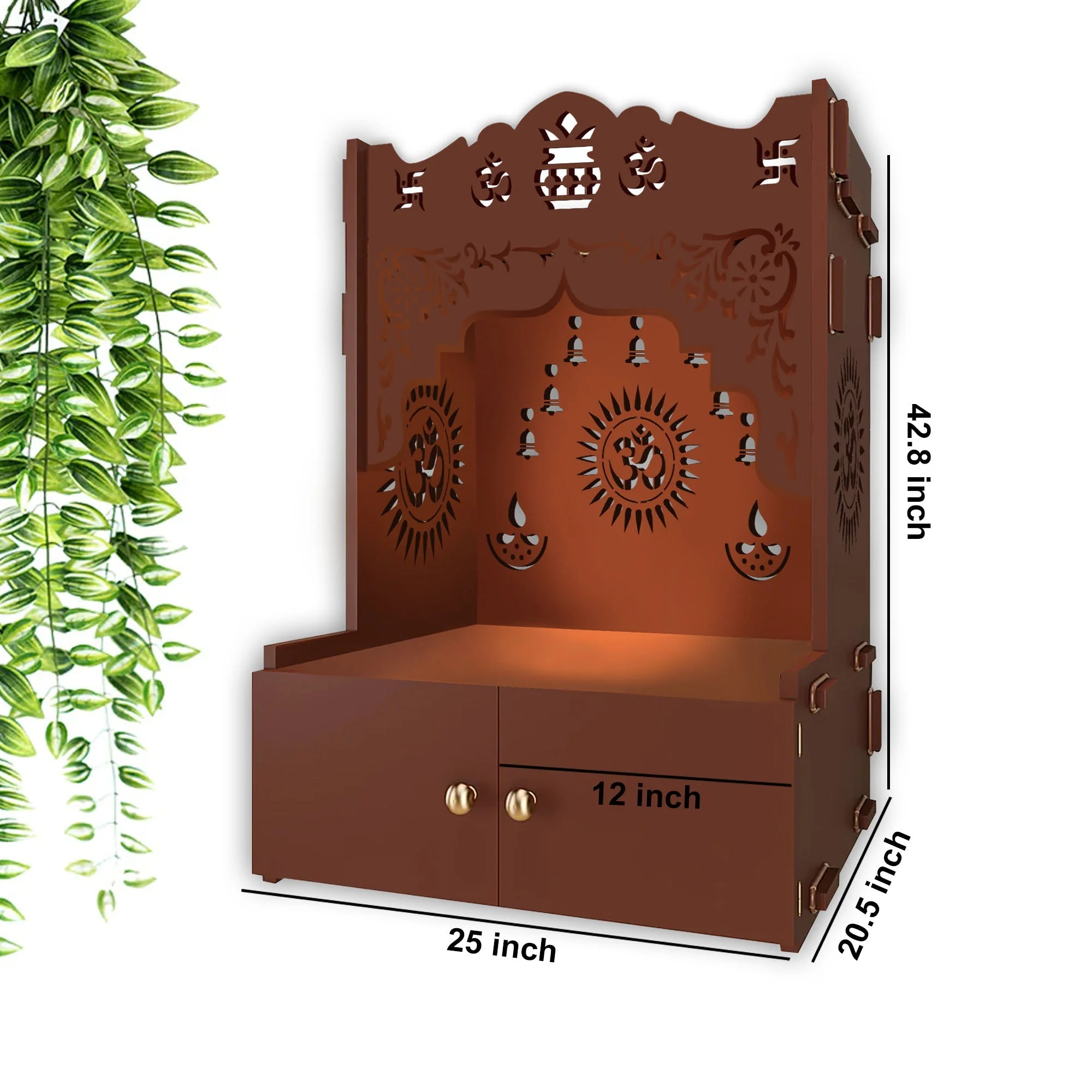 Holy Symbol Om Chakra Floor Temple with Spacious Wooden Shelf & Inbuilt Focus Light- Brown Finish - Image 5