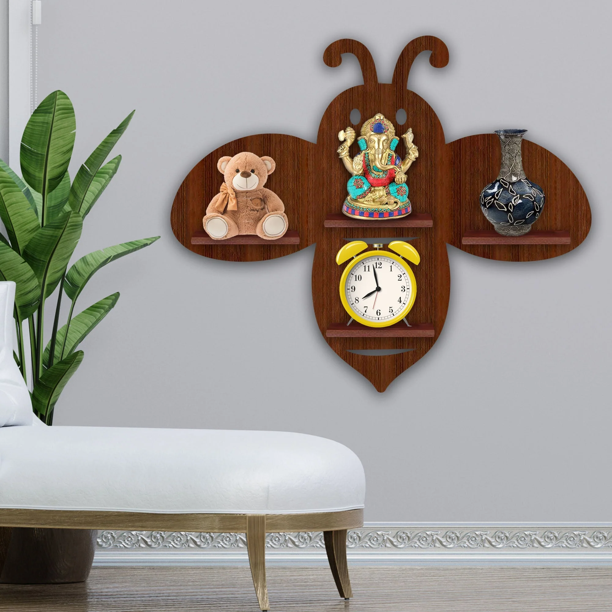 Honey Bee Wooden Wall Shelf LED Light Wall Shelf with Walnut Finish - Image 2