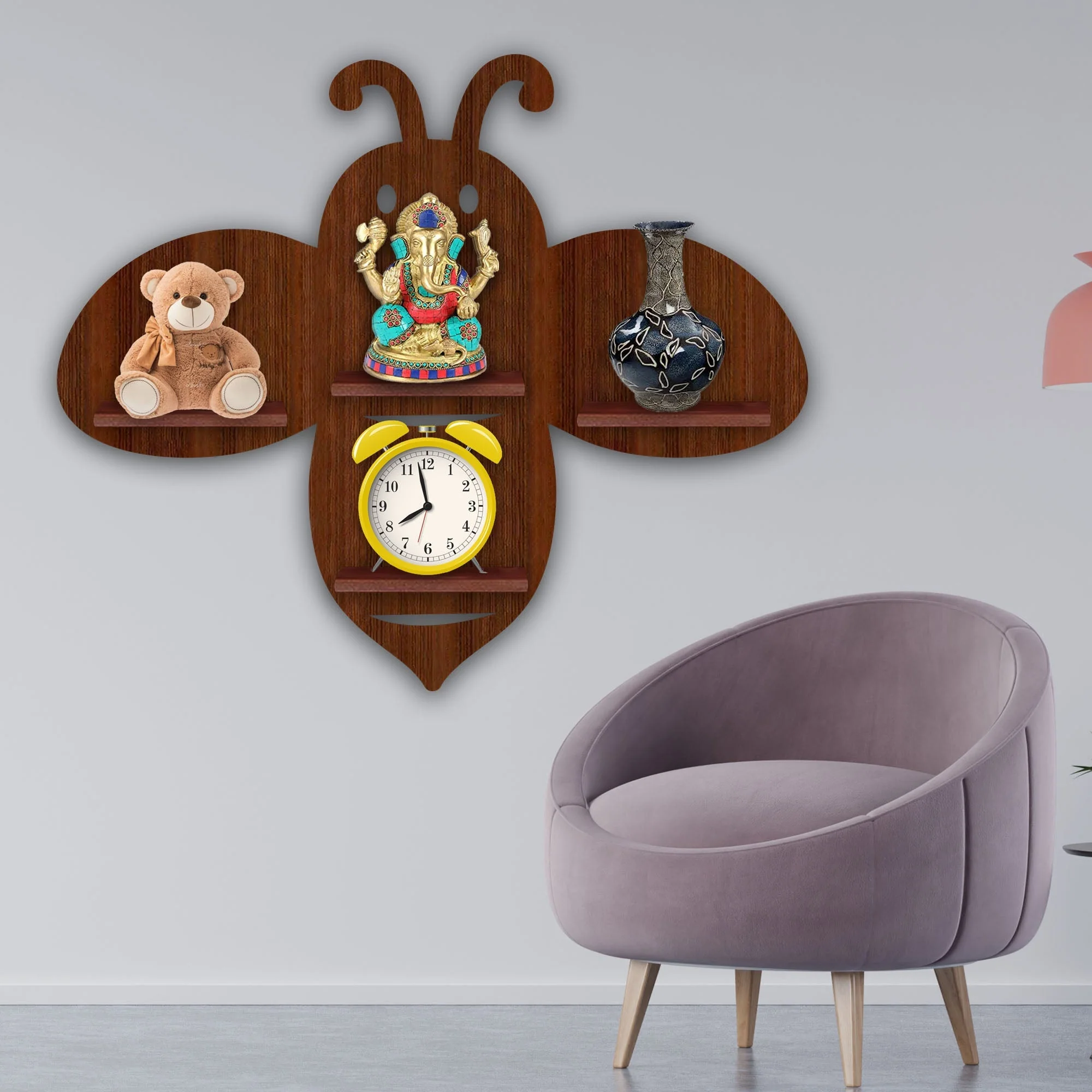 Honey Bee Wooden Wall Shelf LED Light Wall Shelf with Walnut Finish - Image 3