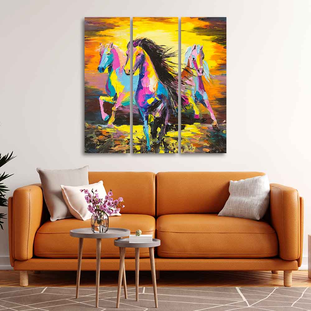 Horses Running in Sunset Canvas Wall Painting of 3 Pieces - Image 3