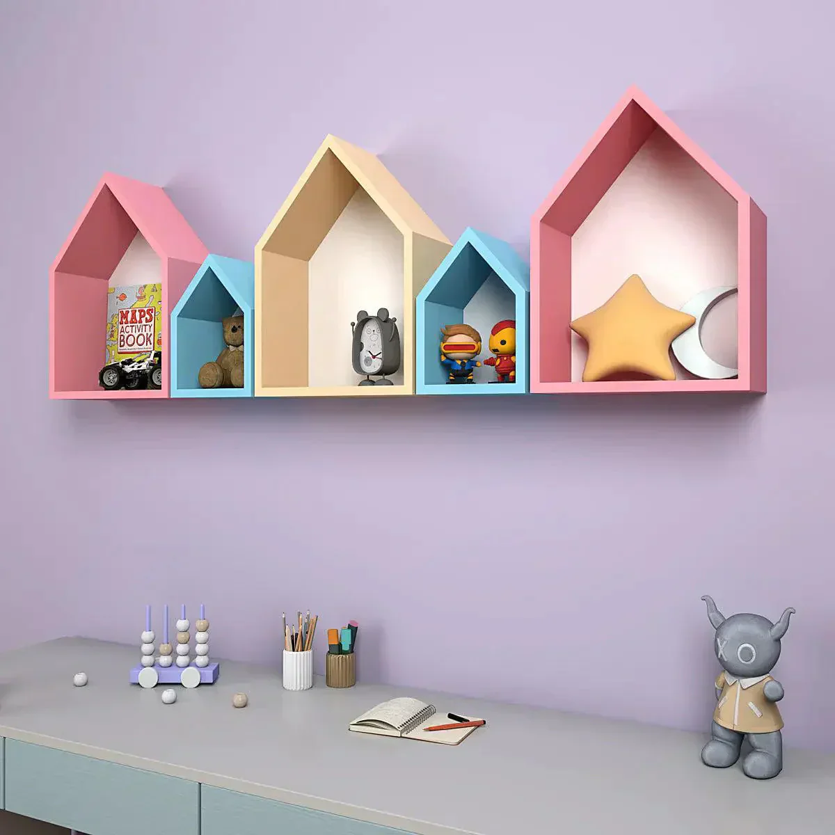 Hut Shape Wooden Wall Storage Shelves for Kids - Image 3