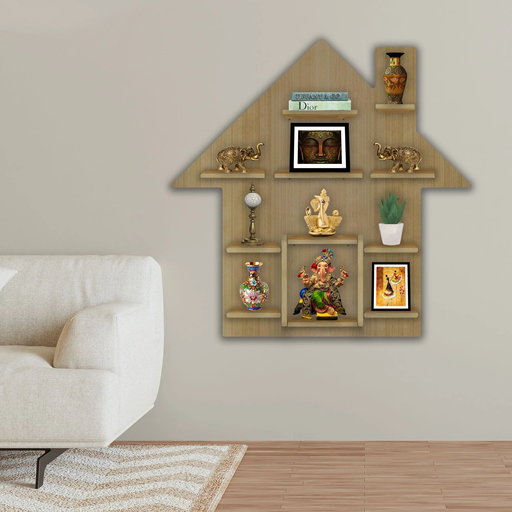 Hut Shape Wooden Wall Storage Shelves with LED Light Oak Finish - Image 3