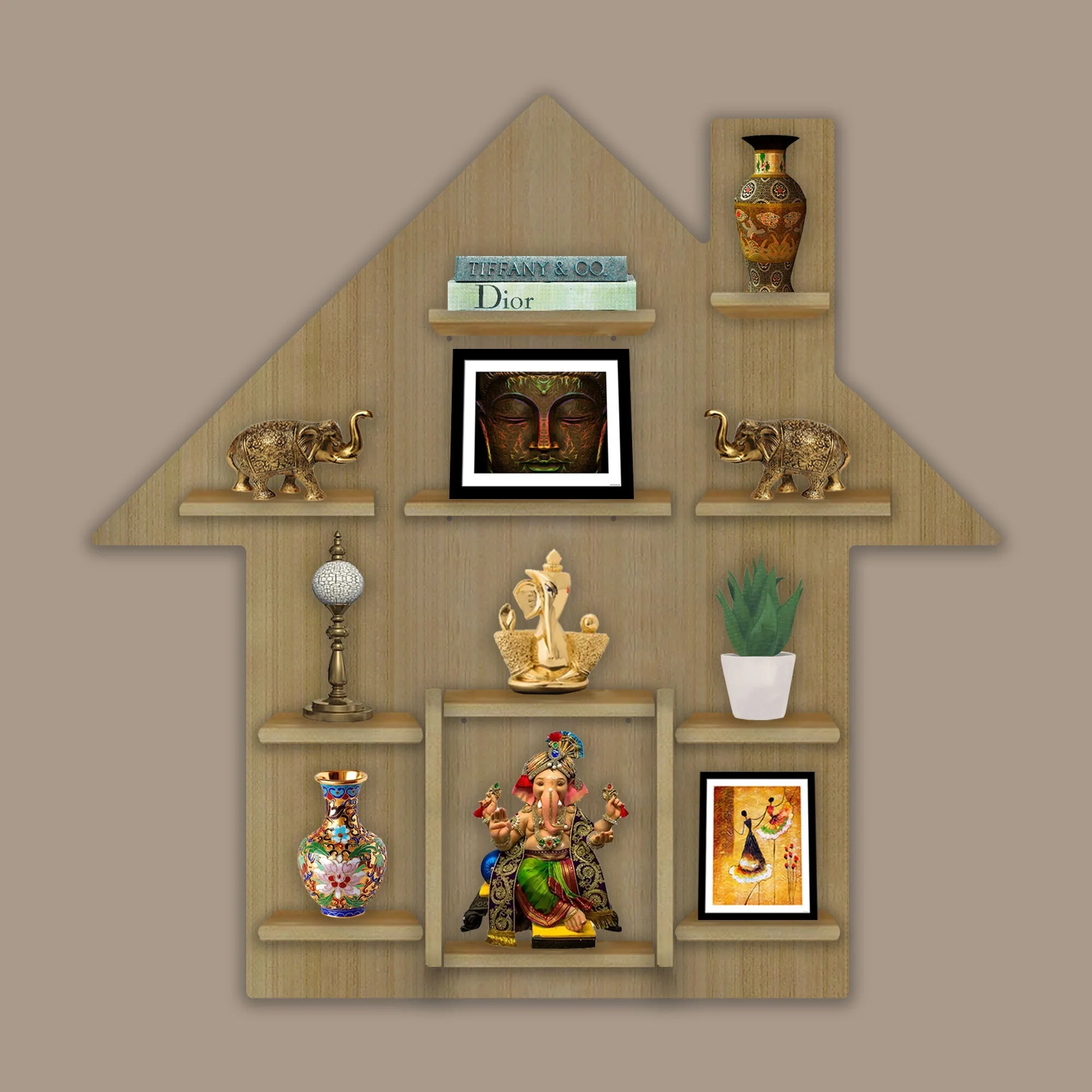Hut Shape Wooden Wall Storage Shelves with LED Light Oak Finish - Image 4