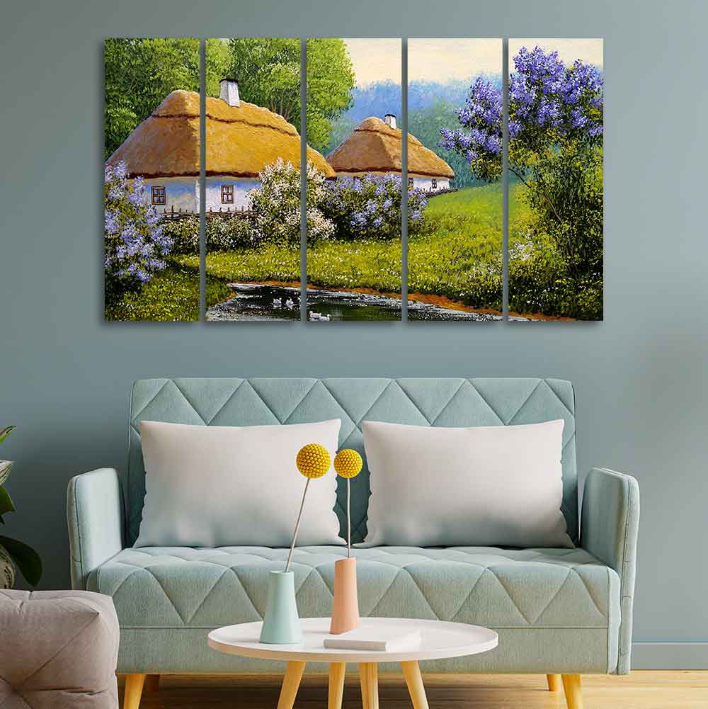 Huts in Old Village Canvas Wall Painting of Five Pieces - Image 2