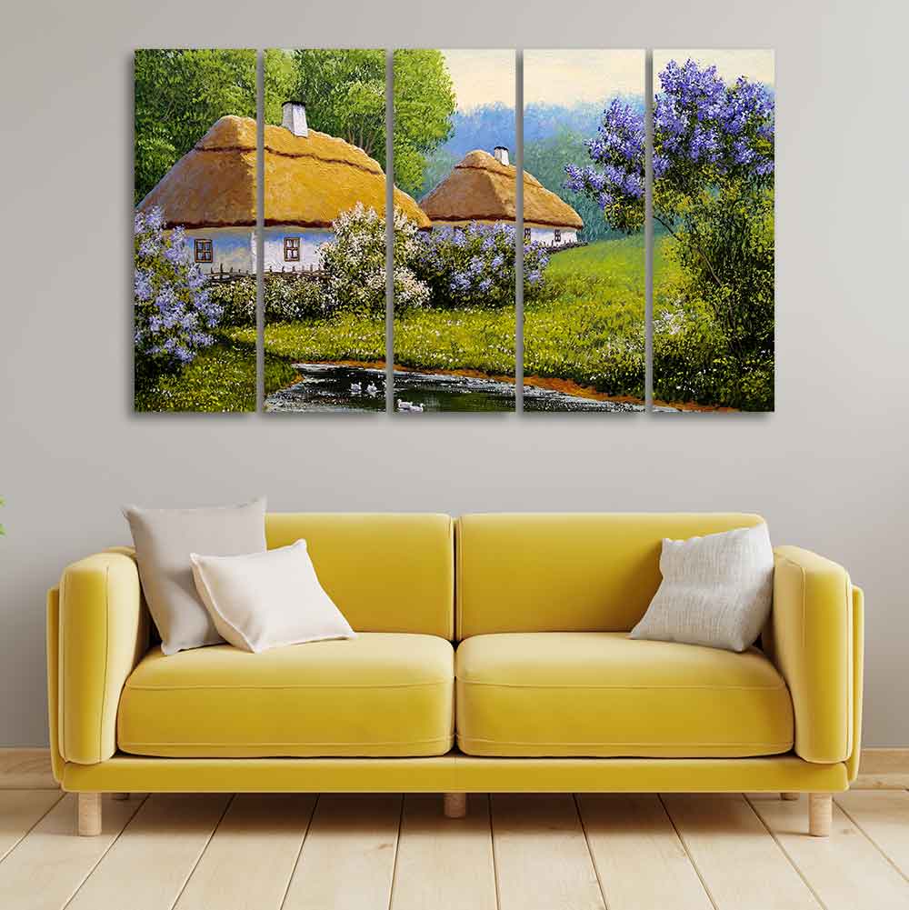Huts in Old Village Canvas Wall Painting of Five Pieces - Image 3