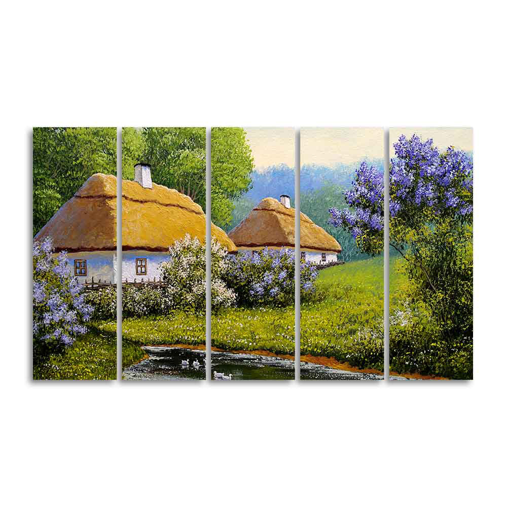 Huts in Old Village Canvas Wall Painting of Five Pieces - Image 4
