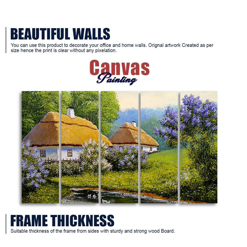 Huts in Old Village Canvas Wall Painting of Five Pieces - Image 5