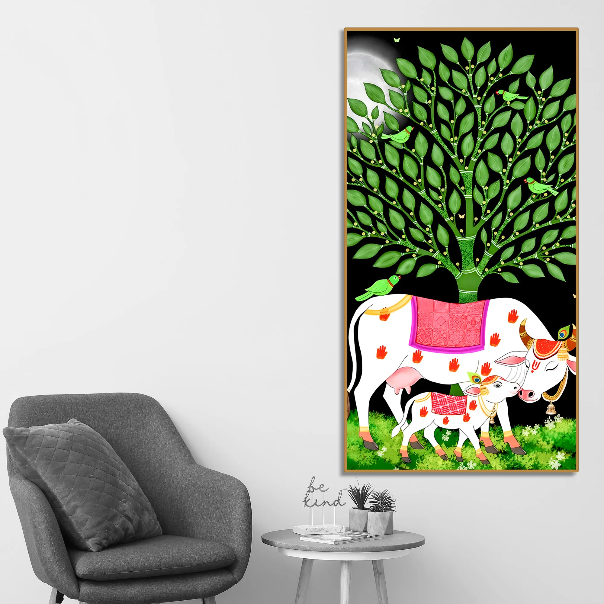 Indian Art Kamdhenu Cow Canvas Wall Painting | Spiritual Home Decor & Gift