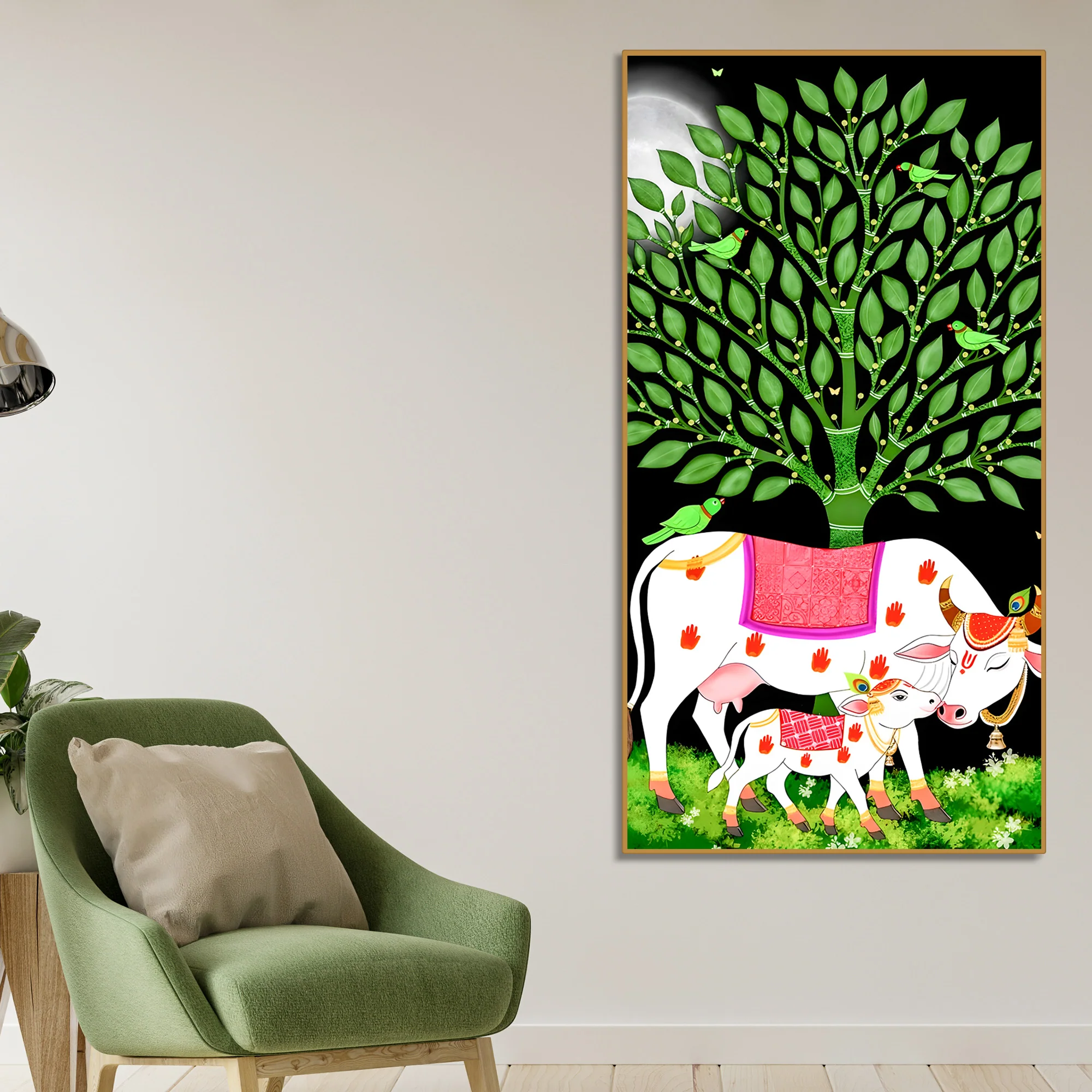 Indian Art Kamdhenu Cow Canvas Wall Painting | Spiritual Home Decor & Gift - Image 2